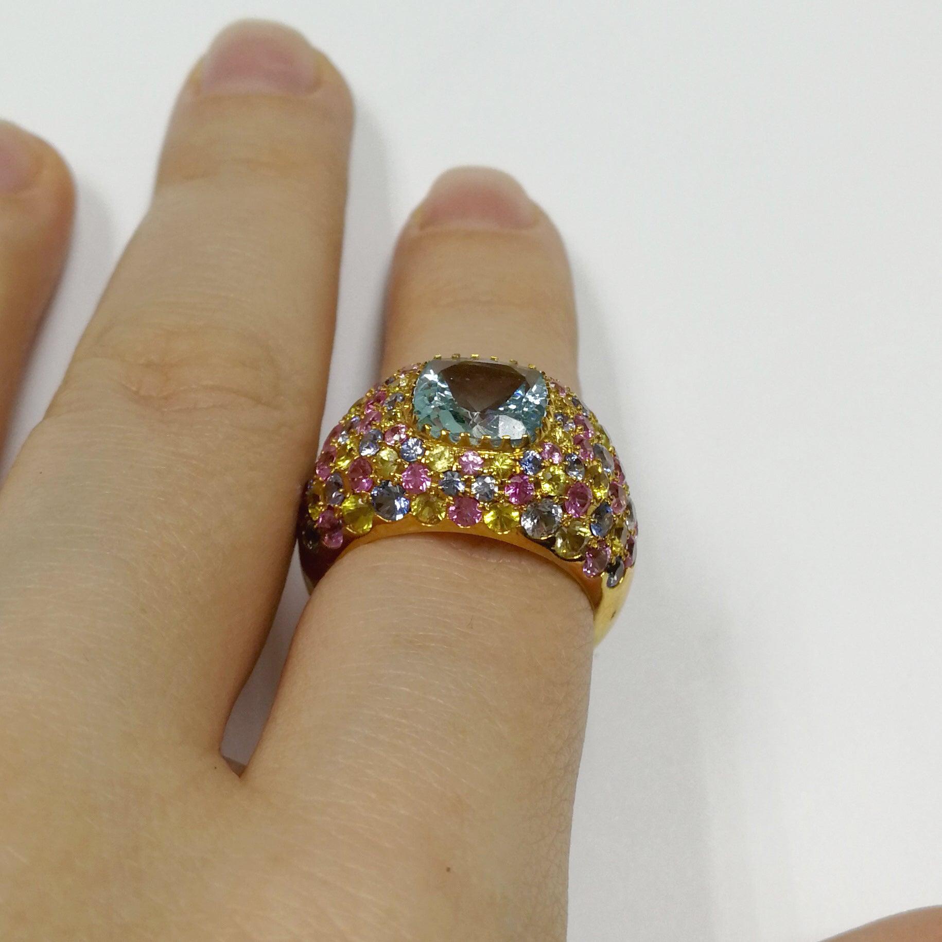 For Sale:  Aquamarine 2.32 Carat Multi-Color Sapphires Yellow 18 Karat Gold Riviera Ring 8