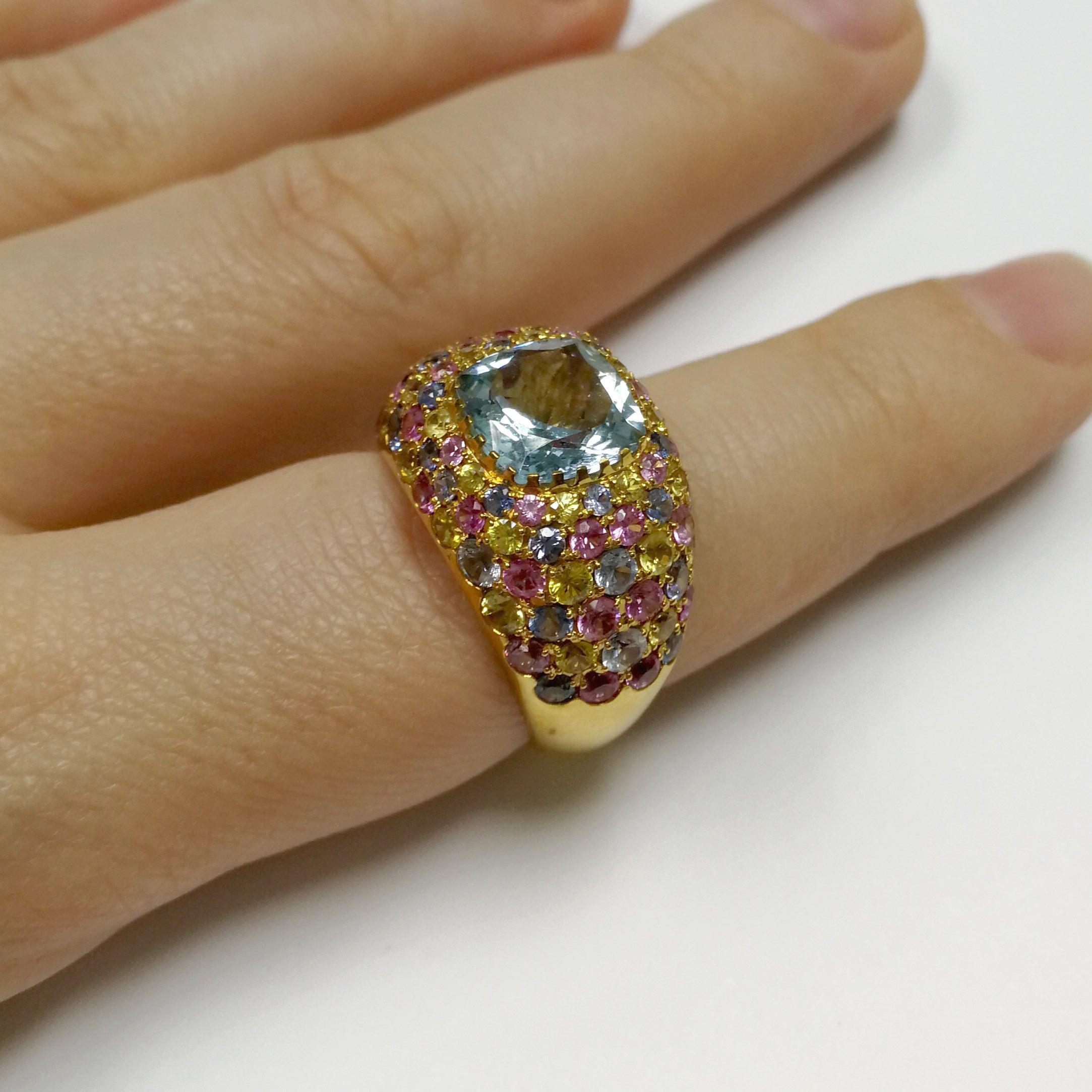 For Sale:  Aquamarine 2.32 Carat Multi-Color Sapphires Yellow 18 Karat Gold Riviera Ring 9