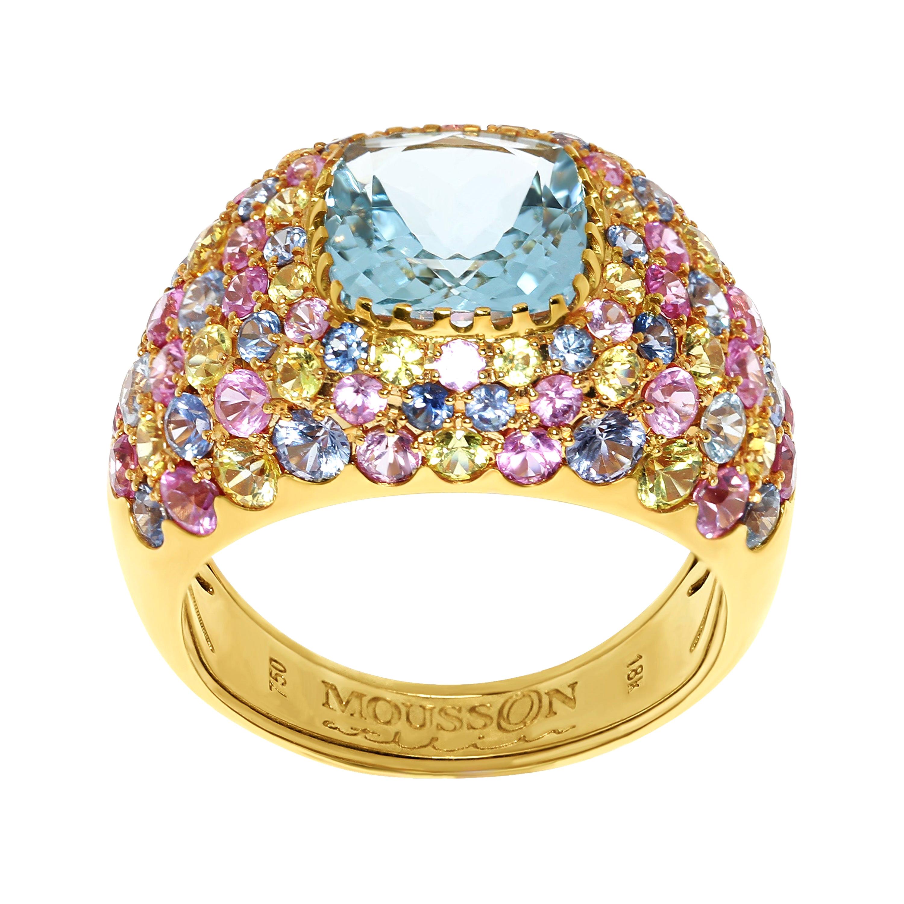 For Sale:  Aquamarine 2.32 Carat Multi-Color Sapphires Yellow 18 Karat Gold Riviera Ring