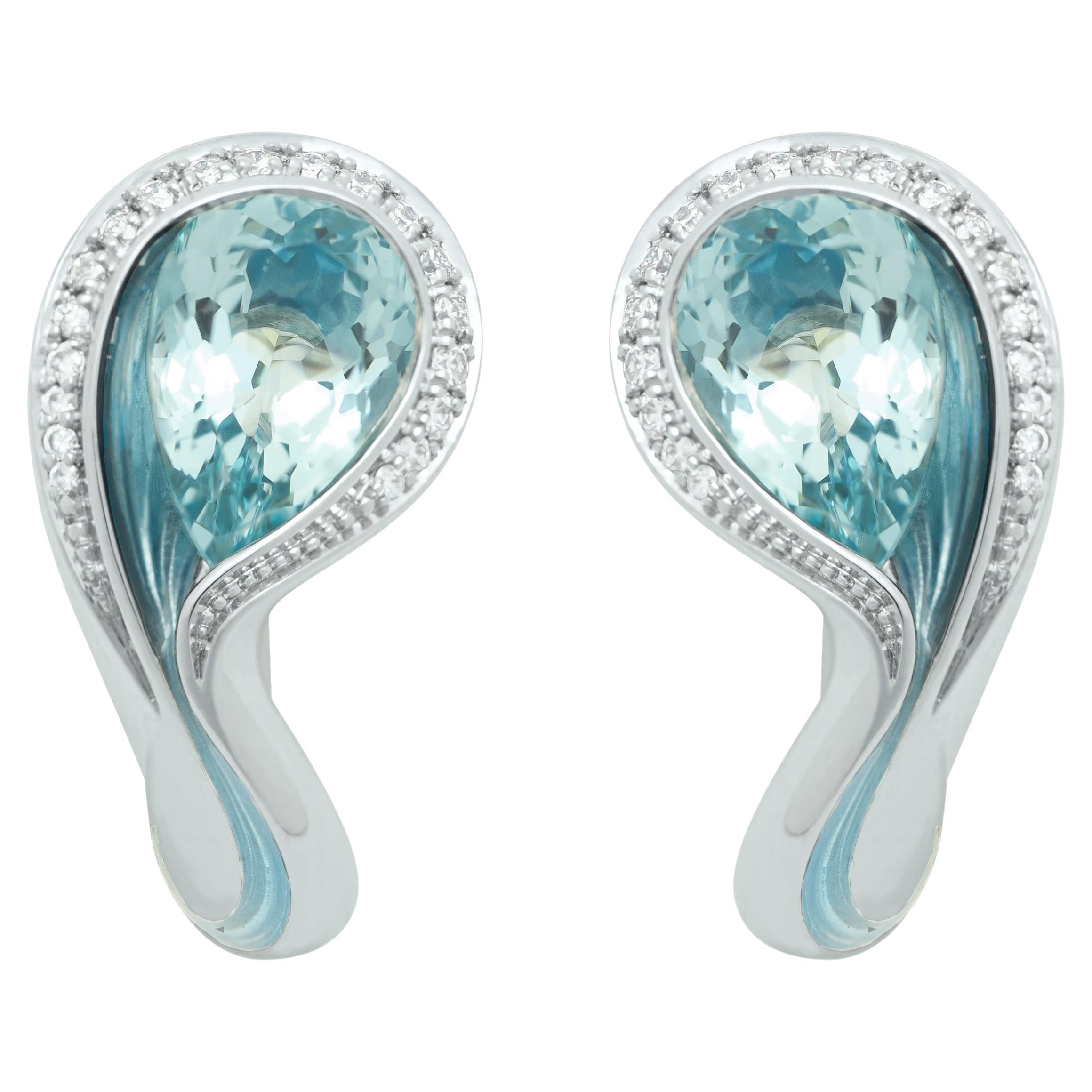 Boucles d'oreilles aigue-marine 2.54 carats diamants émail or blanc 18 carats couleurs fondues