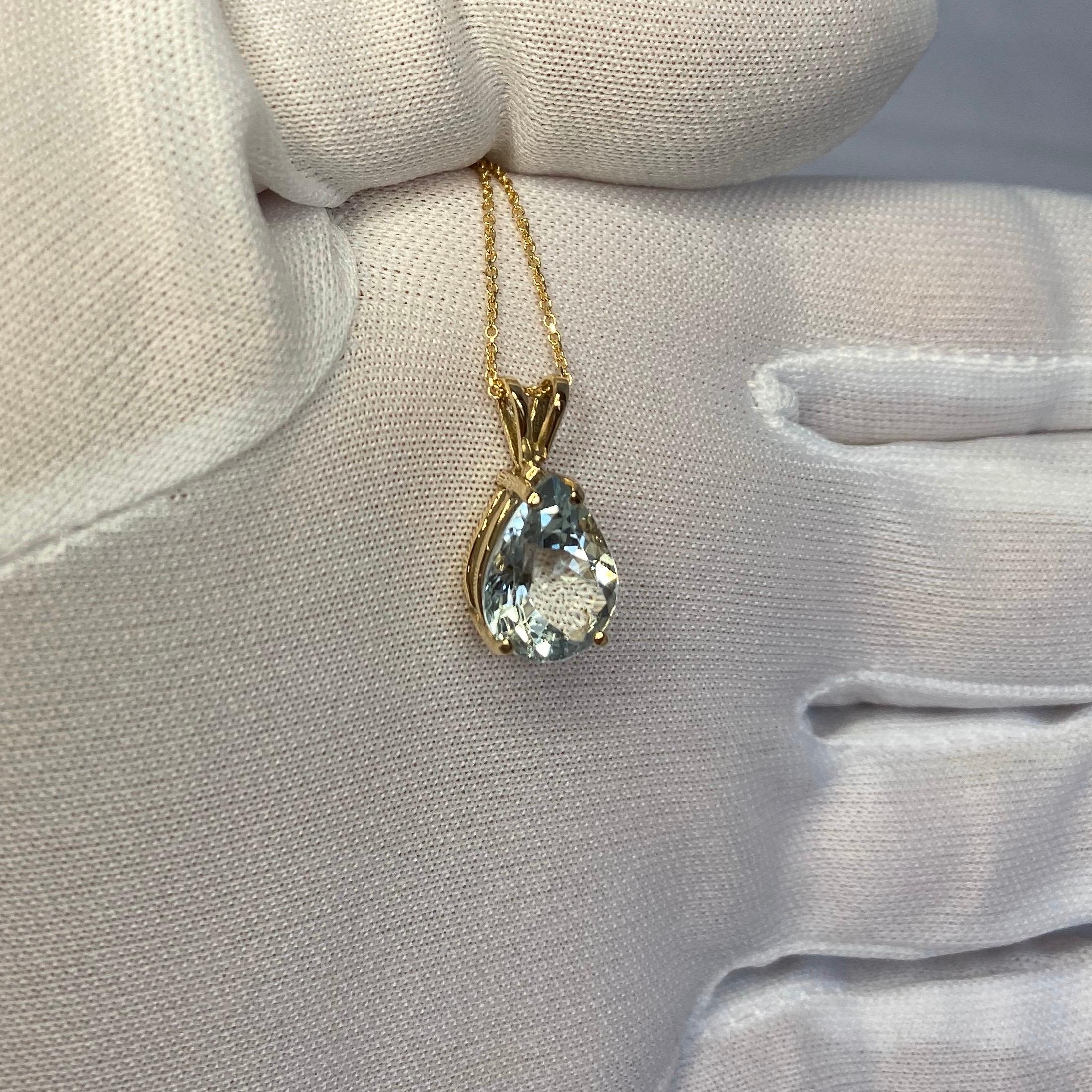 Aquamarine 3.00 Carat Light Blue Pear Teardrop Cut Yellow Gold Pendant Necklace 1