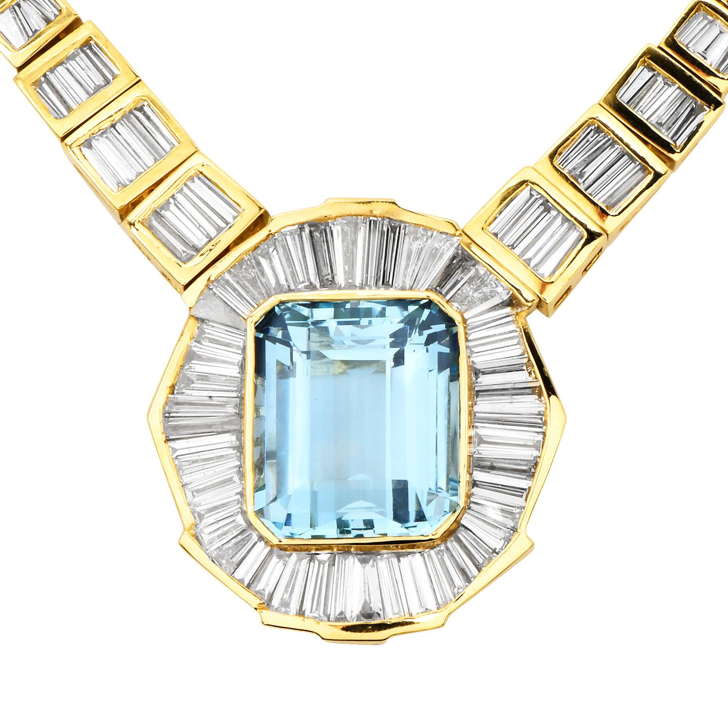 Rétro Collier en or 18 carats avec aigue-marine 36,80 carats et diamants baguettes en vente