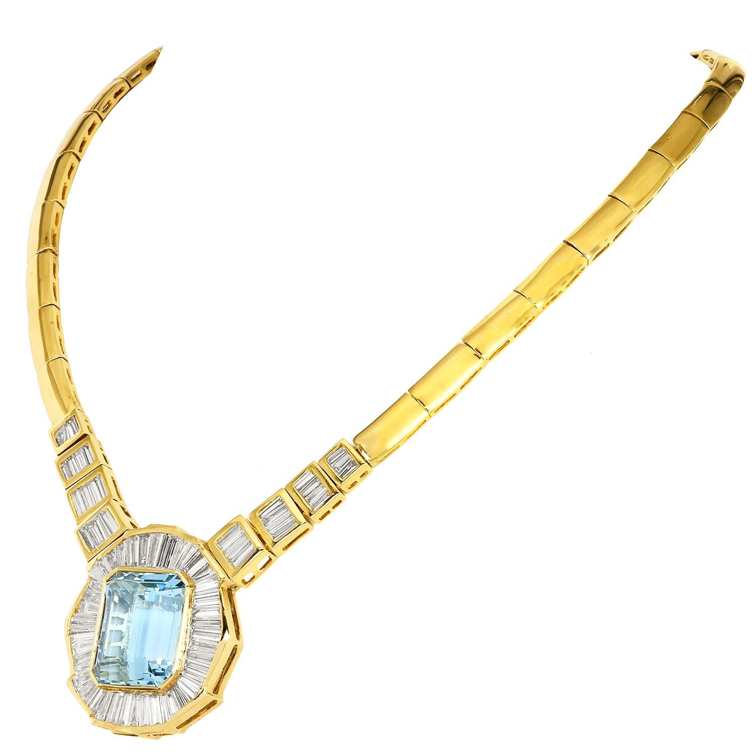 Taille baguette Collier en or 18 carats avec aigue-marine 36,80 carats et diamants baguettes en vente