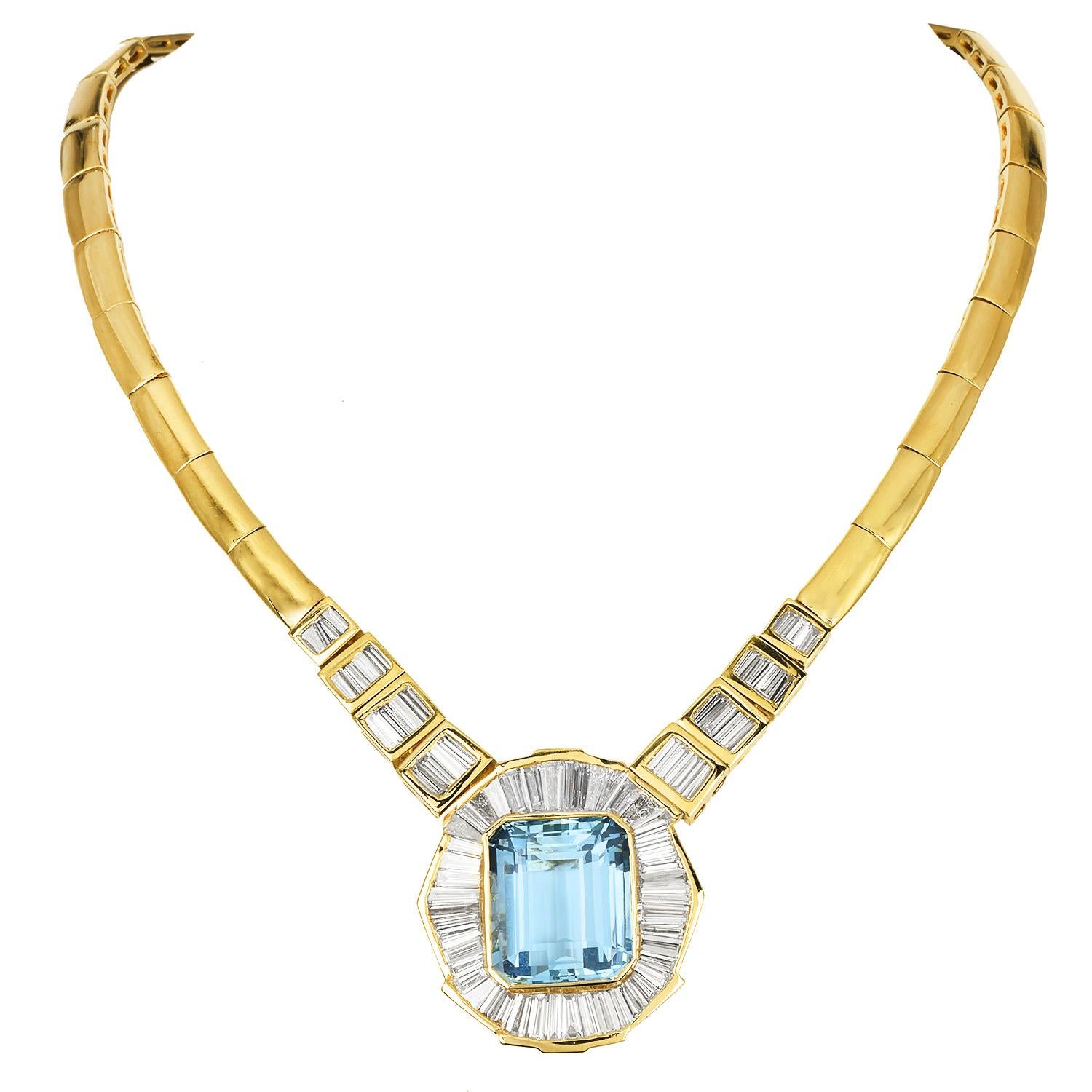 Collier en or 18 carats avec aigue-marine 36,80 carats et diamants baguettes Excellent état - En vente à Miami, FL