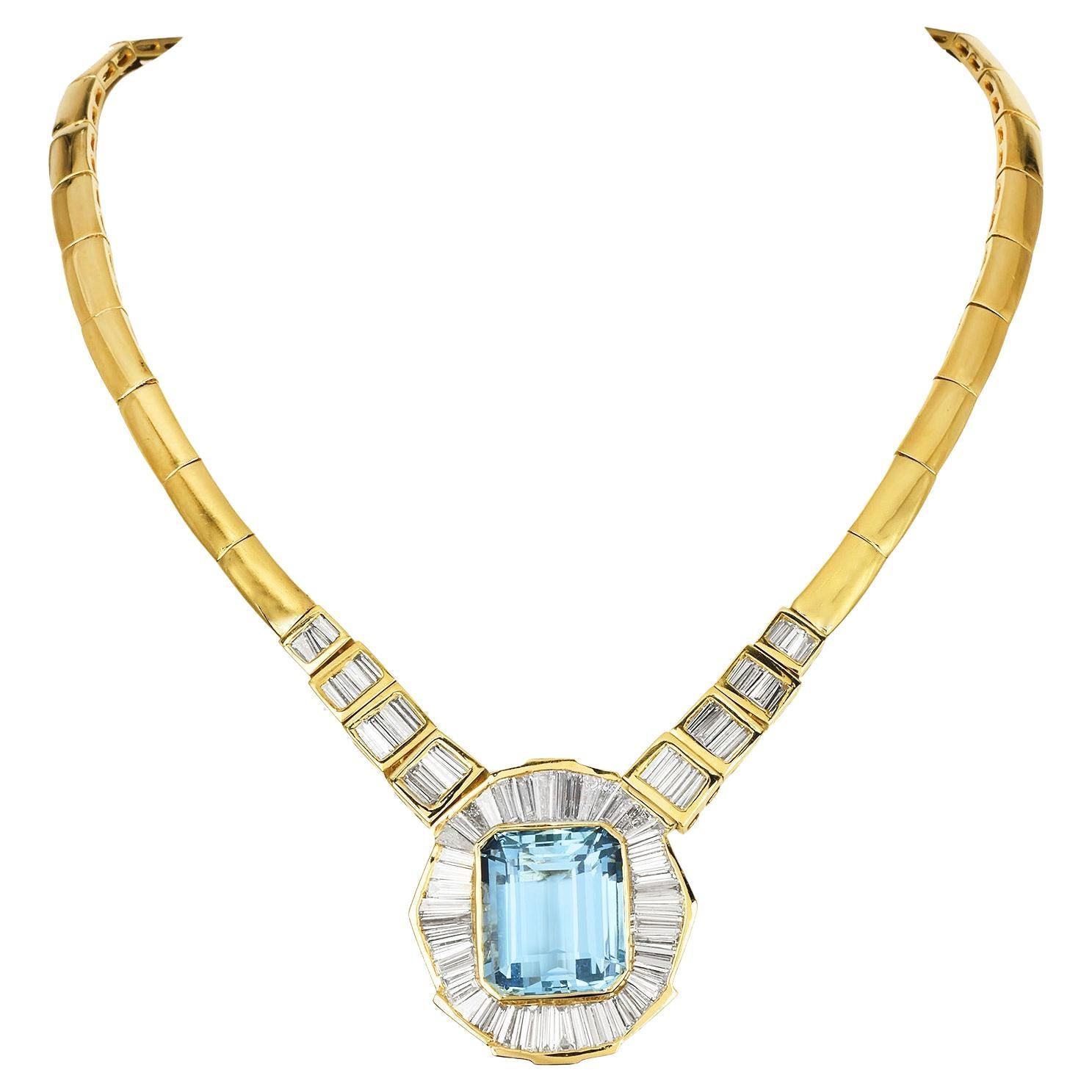 Collana con diamante Baguette in oro 18 carati con acquamarina 36,80 carati