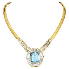 Aquamarine 36.80cts Diamond Baguette 18K Gold Collar Necklace
