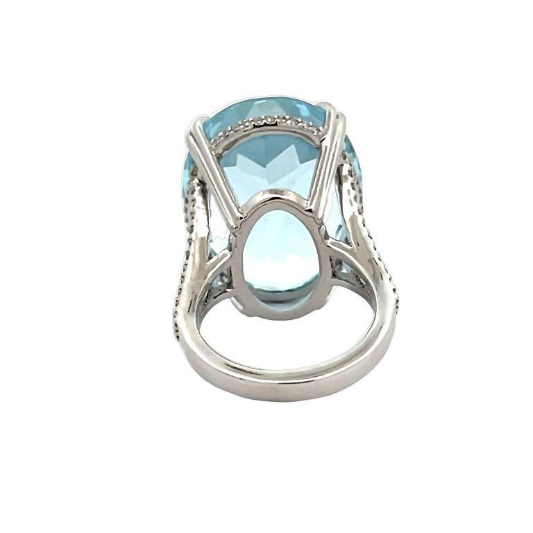 French Cut Aquamarine 47.00 CT & White Diamonds 0.55CT in 14K White Gold Cocktail Ring For Sale