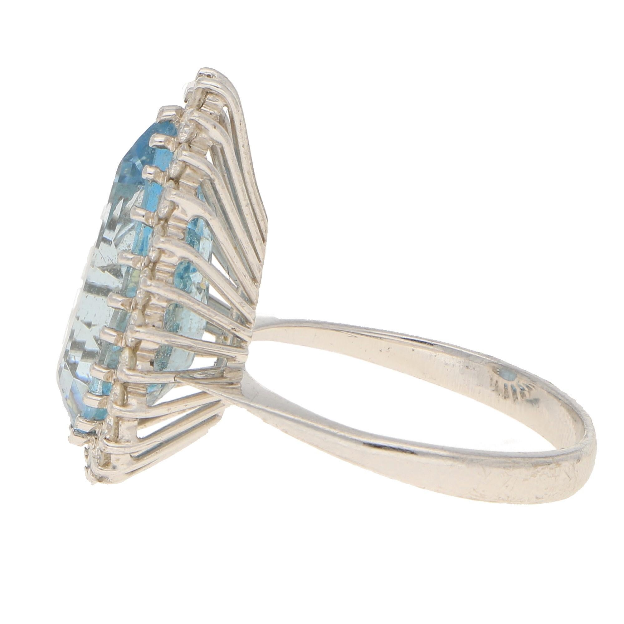 Contemporary Aquamarine and Diamond Pear Shaped Cluster Cocktail Ring in 18k White Gold For Sale