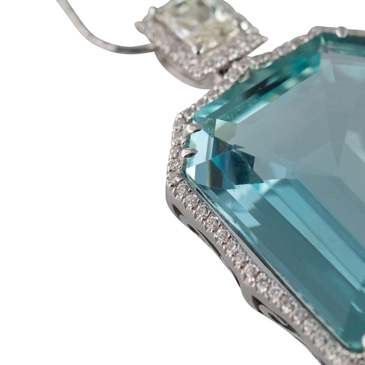 Emerald Cut Aquamarine 50 Carat and Diamond 18 Karat Gold Pendant For Sale