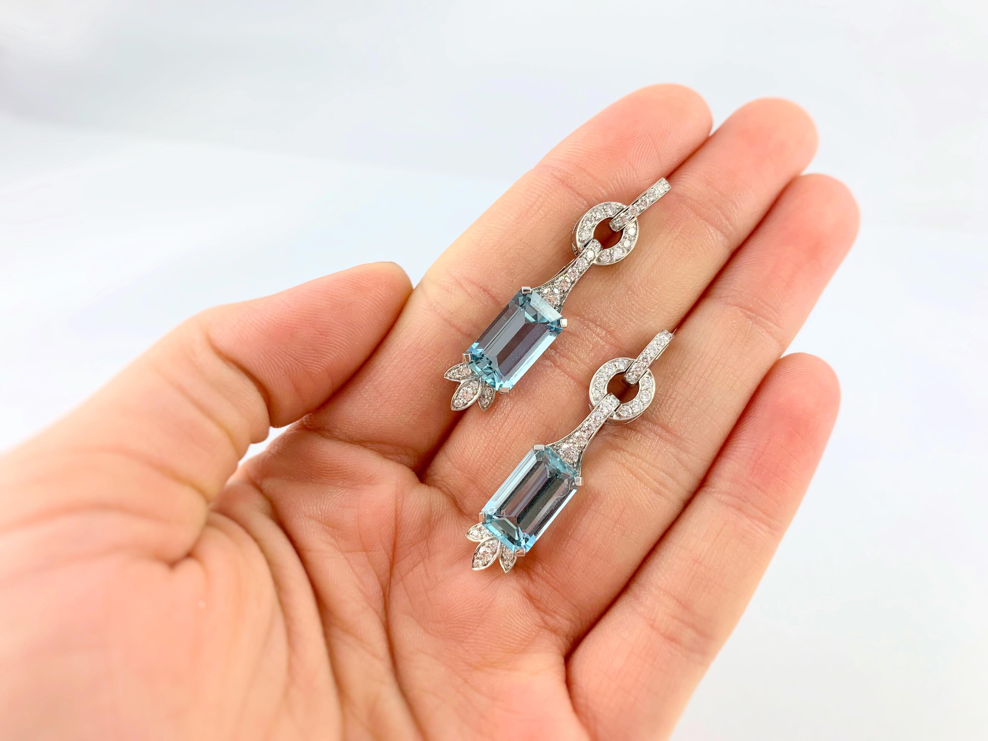 Aquamarine 7.47 Diamond 0.79 White Gold 18 Karat Dangle Drop Earrings For Sale 3