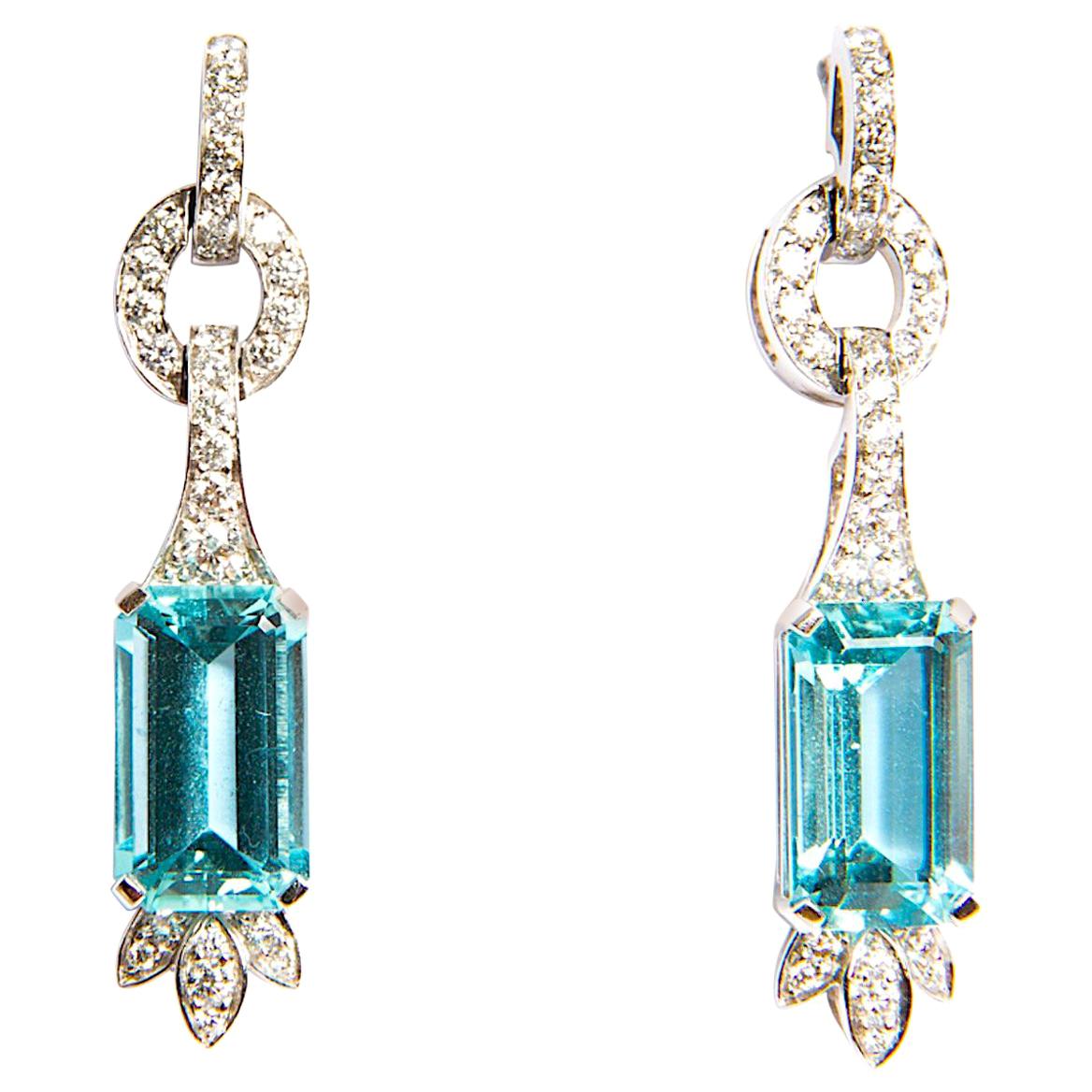 Aquamarine 7.47 Diamond 0.79 White Gold 18 Karat Dangle Drop Earrings For Sale