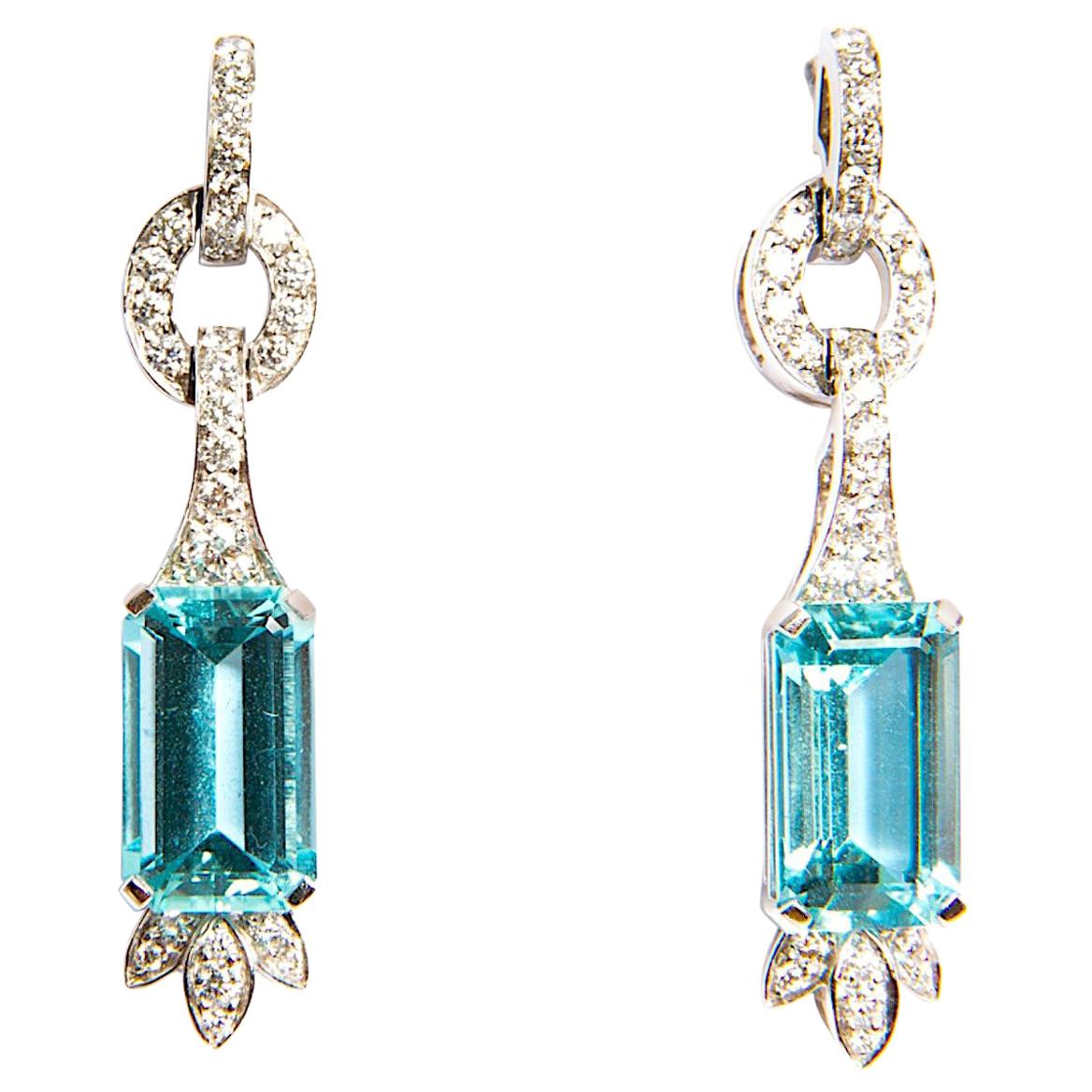 Aquamarine 7.47 Diamond 0.79 White Gold 18 Karat Dangle Drop Earrings For Sale