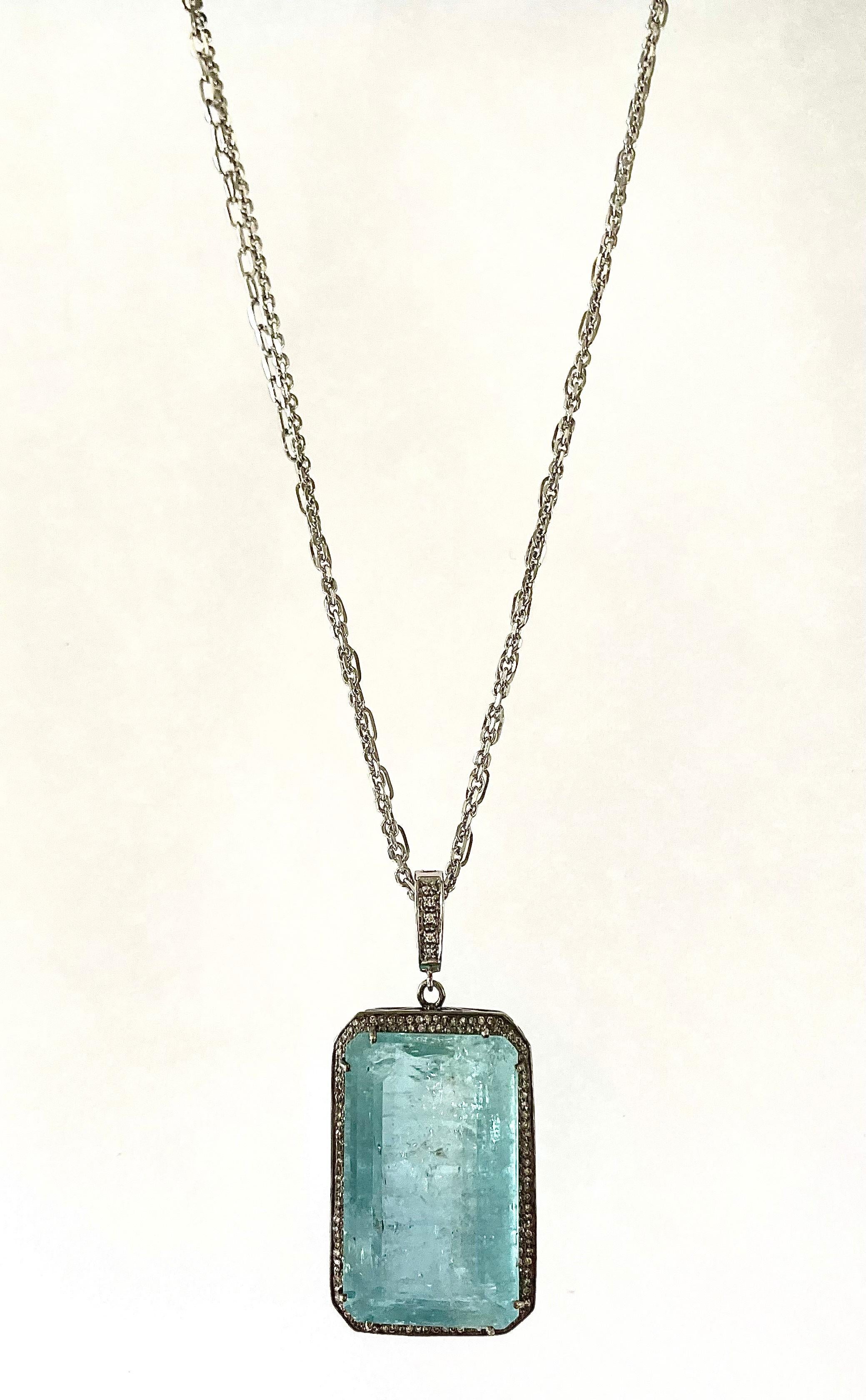 Contemporary Aquamarine 76 Carats with Pave Diamonds on Chain For Sale