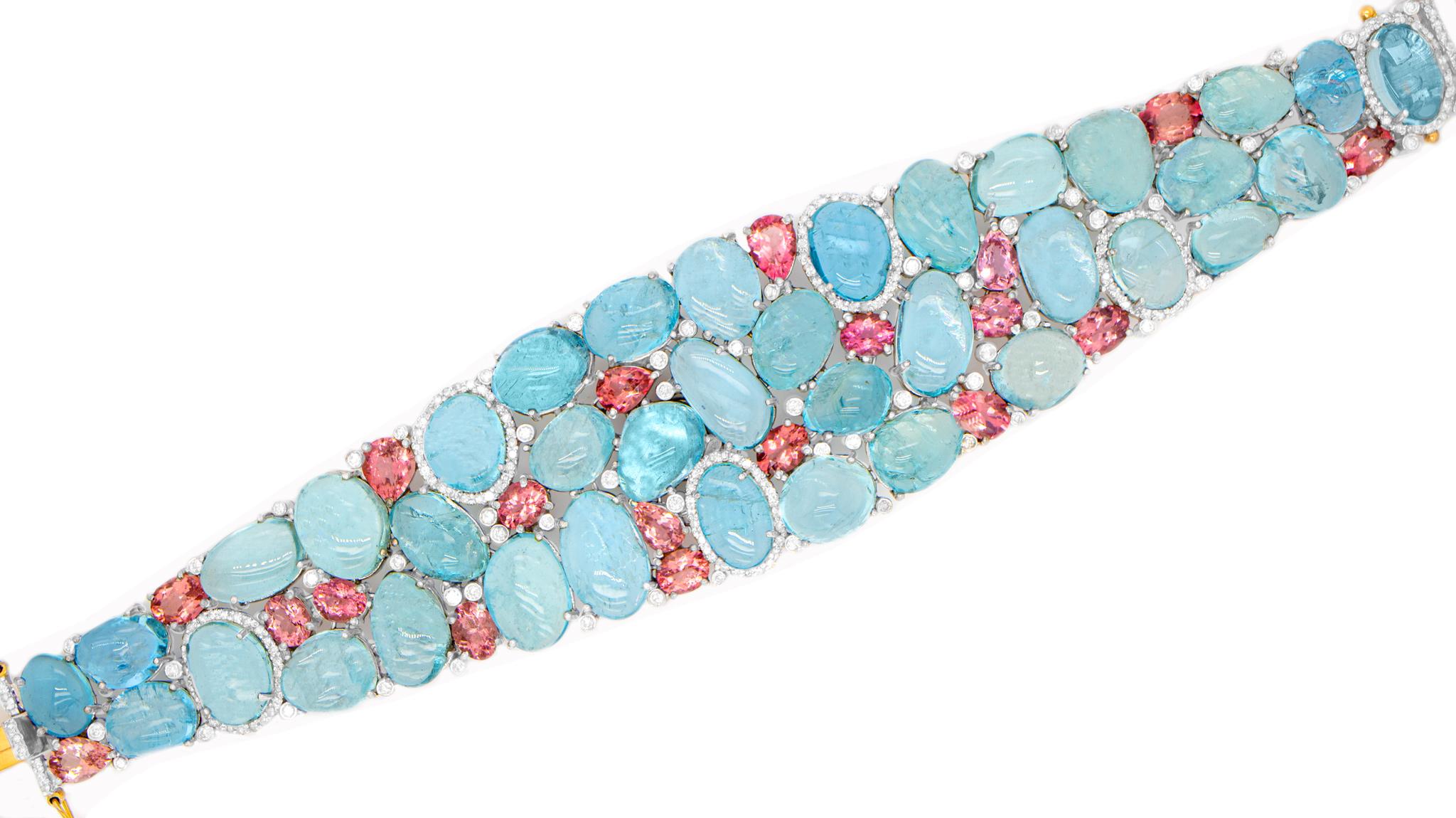 Cabochon Aquamarine 90 Carats Total Bracelet with Pink Sapphires and Diamonds Silver Gold