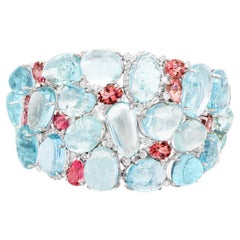 Aquamarine 90 Carats Total Bracelet with Pink Sapphires and Diamonds Silver Gold