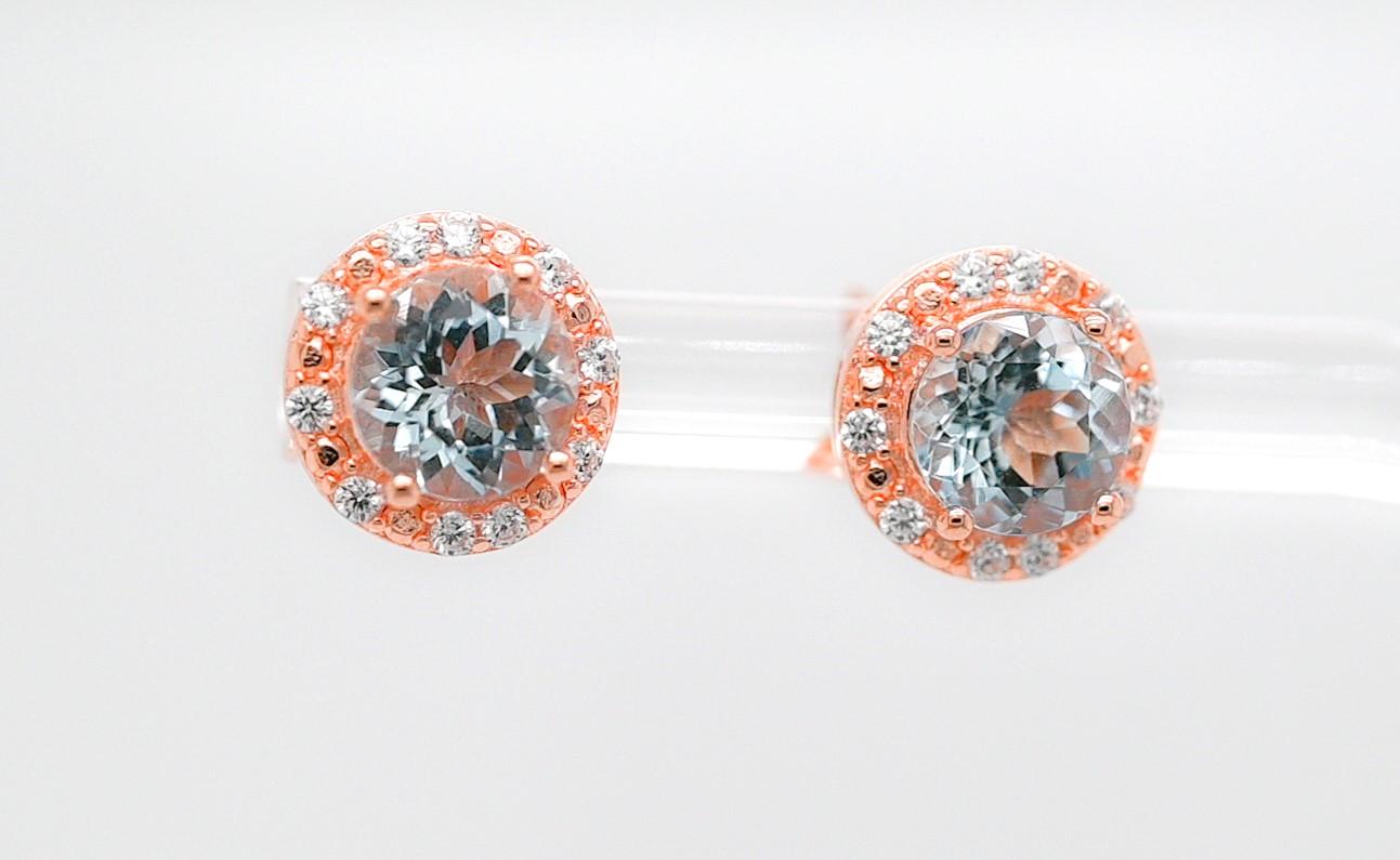 Aquamarine 925 Silver 18k 1mm Rose Metal Plated Women's Earring Studs Earring For Sale 1