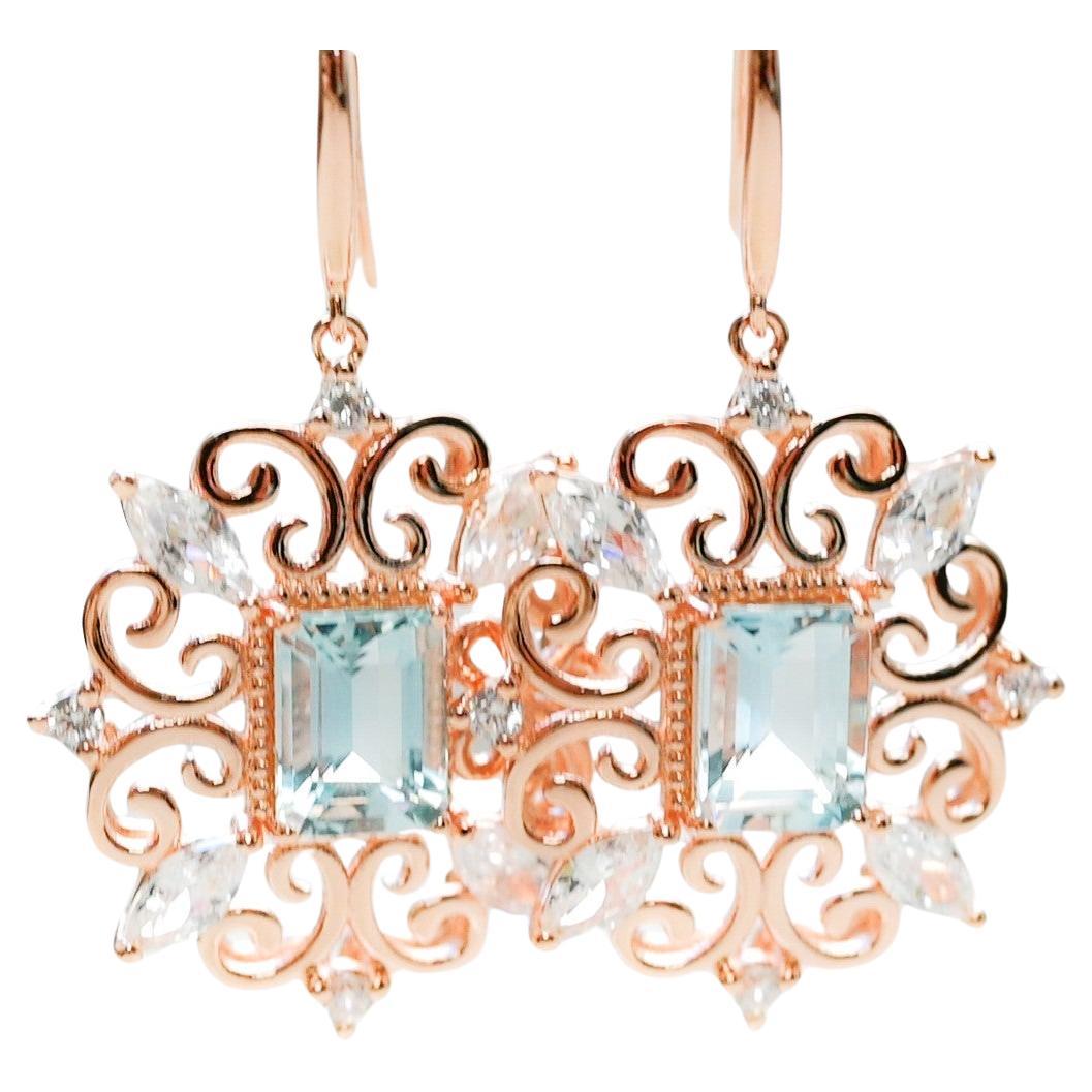 18K Rose  Metal Platted 3.2 Cts Aquamarine Dangle Earrings 925 Sterling Silver   For Sale