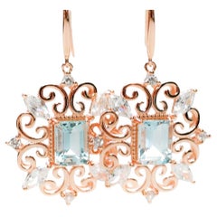 18K Rose  Metal Platted 3.2 Cts Aquamarine Dangle Earrings 925 Sterling Silver  