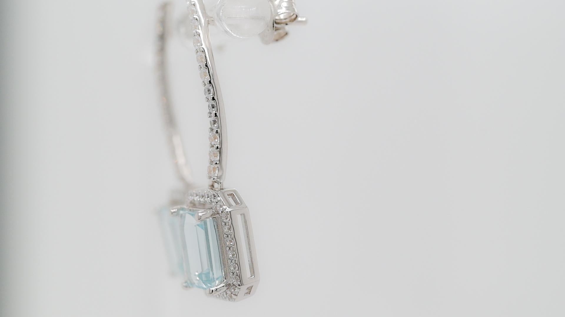Emerald Cut 3.2 Cts Natural Aquamarine Drop Dangle Earrings 925 Sterling Silver Jewelry  For Sale