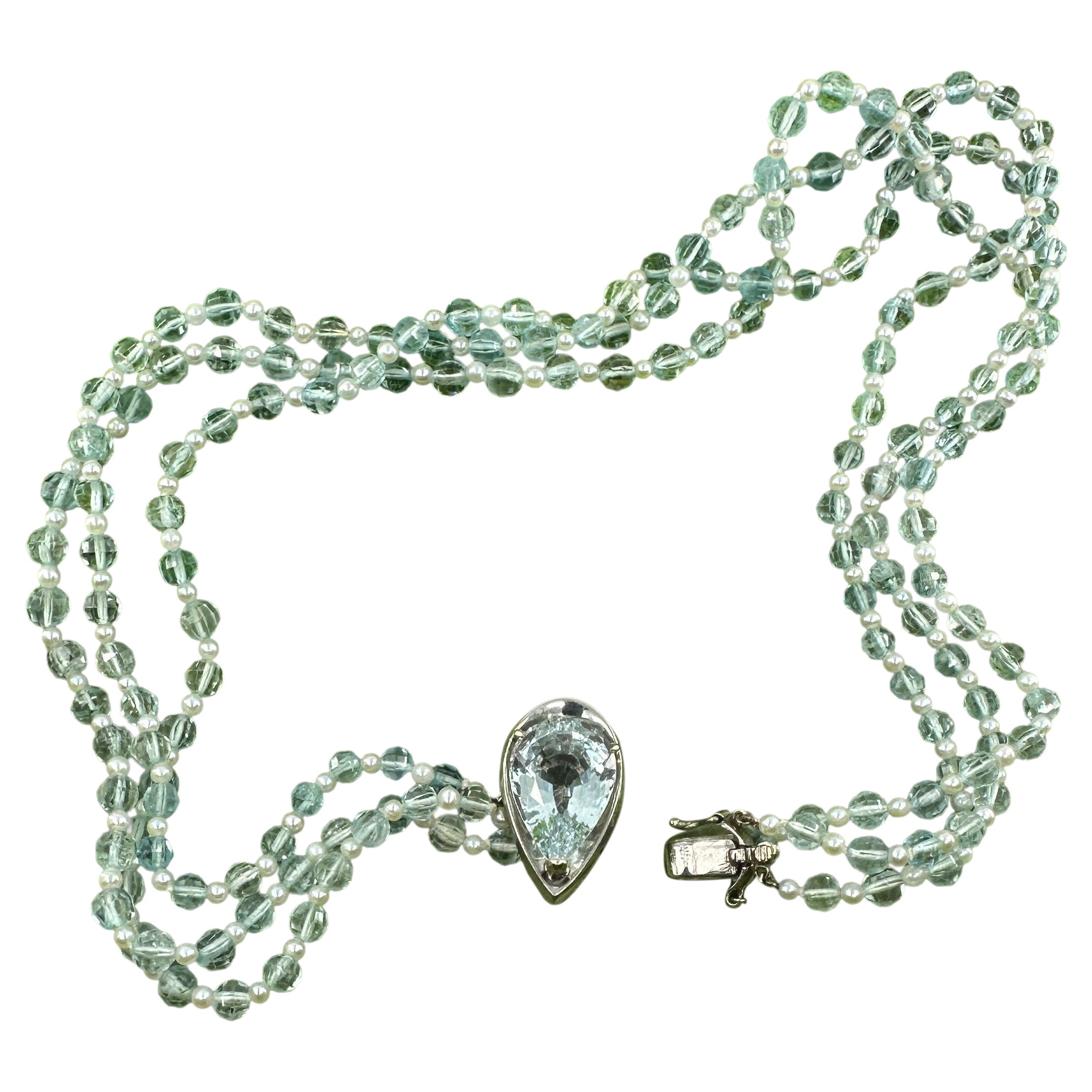 Aquamarine 9.5 Carat Topaz Pearl Multi Strand Necklace 14 Karat White Gold 16" For Sale