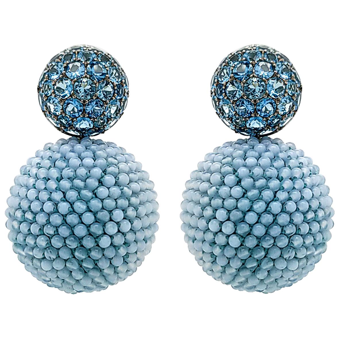 Hemmerle Aquamarine Blue Agate Ball Earrings For Sale