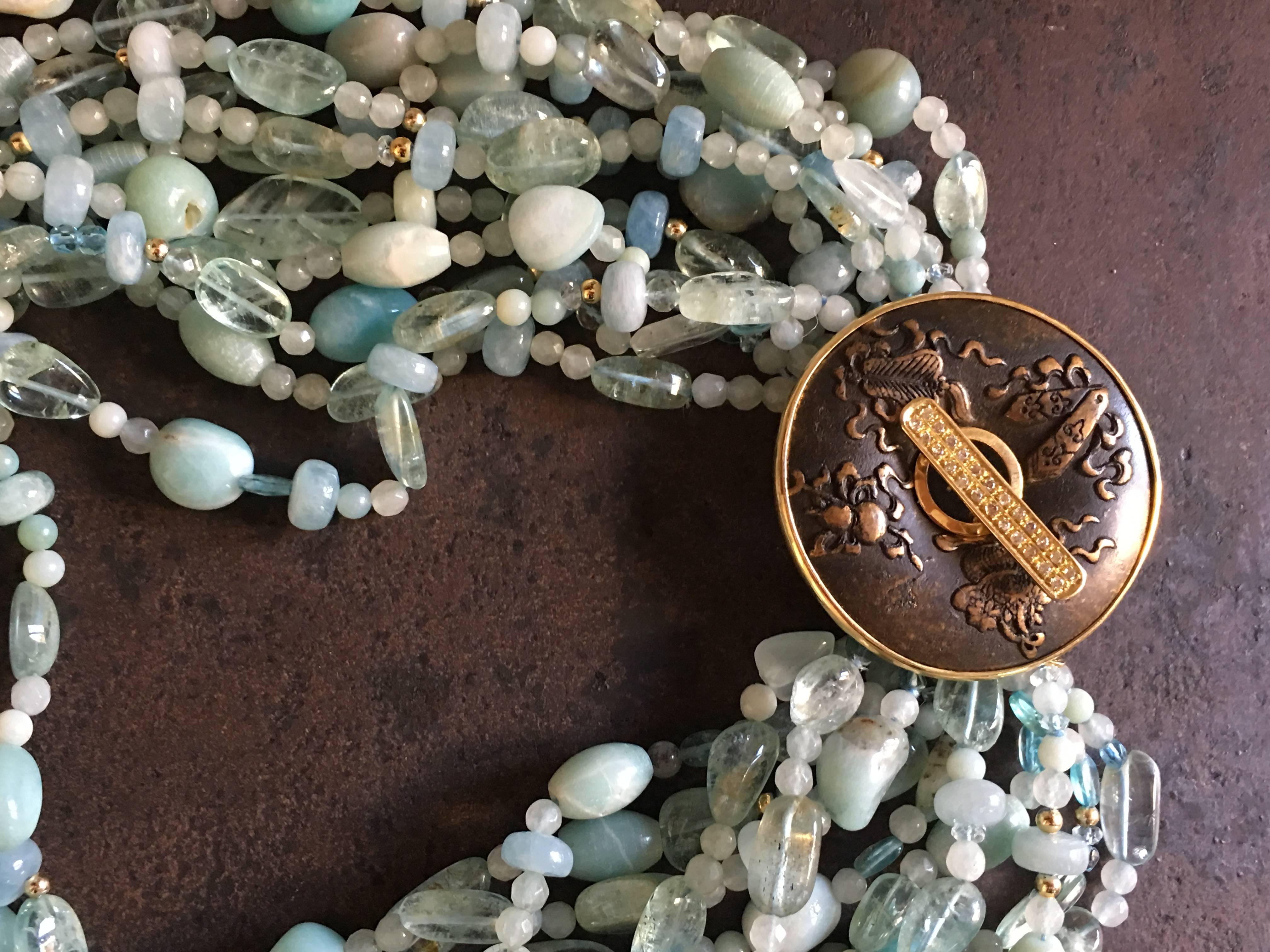 Halskette aus 18 Karat Gold mit Aquamarin und Amazonit und Diamanten im Zustand „Neu“ im Angebot in Milan, IT