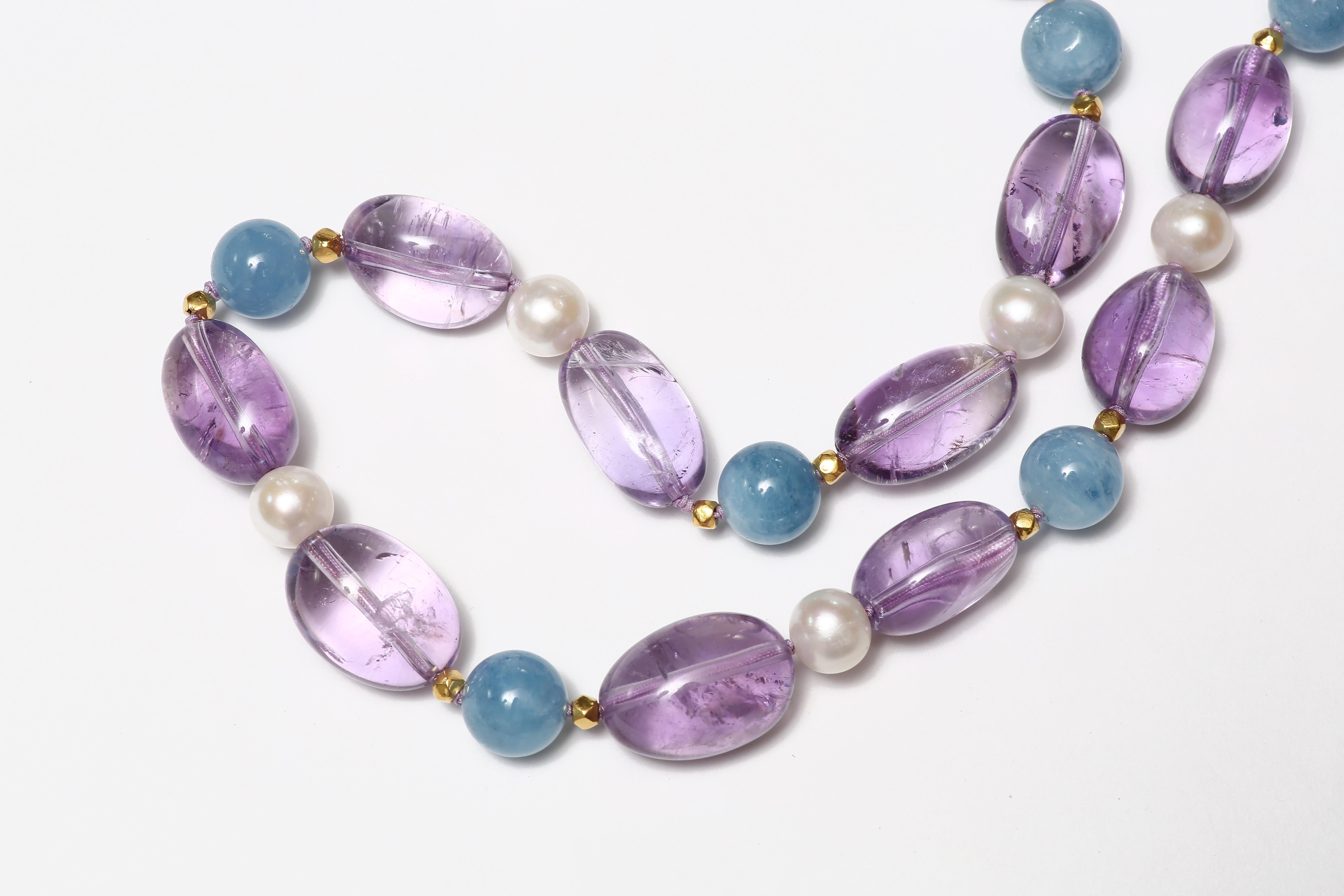 Contemporary Aquamarine, Amethyst and Freshwater Pearl Necklace