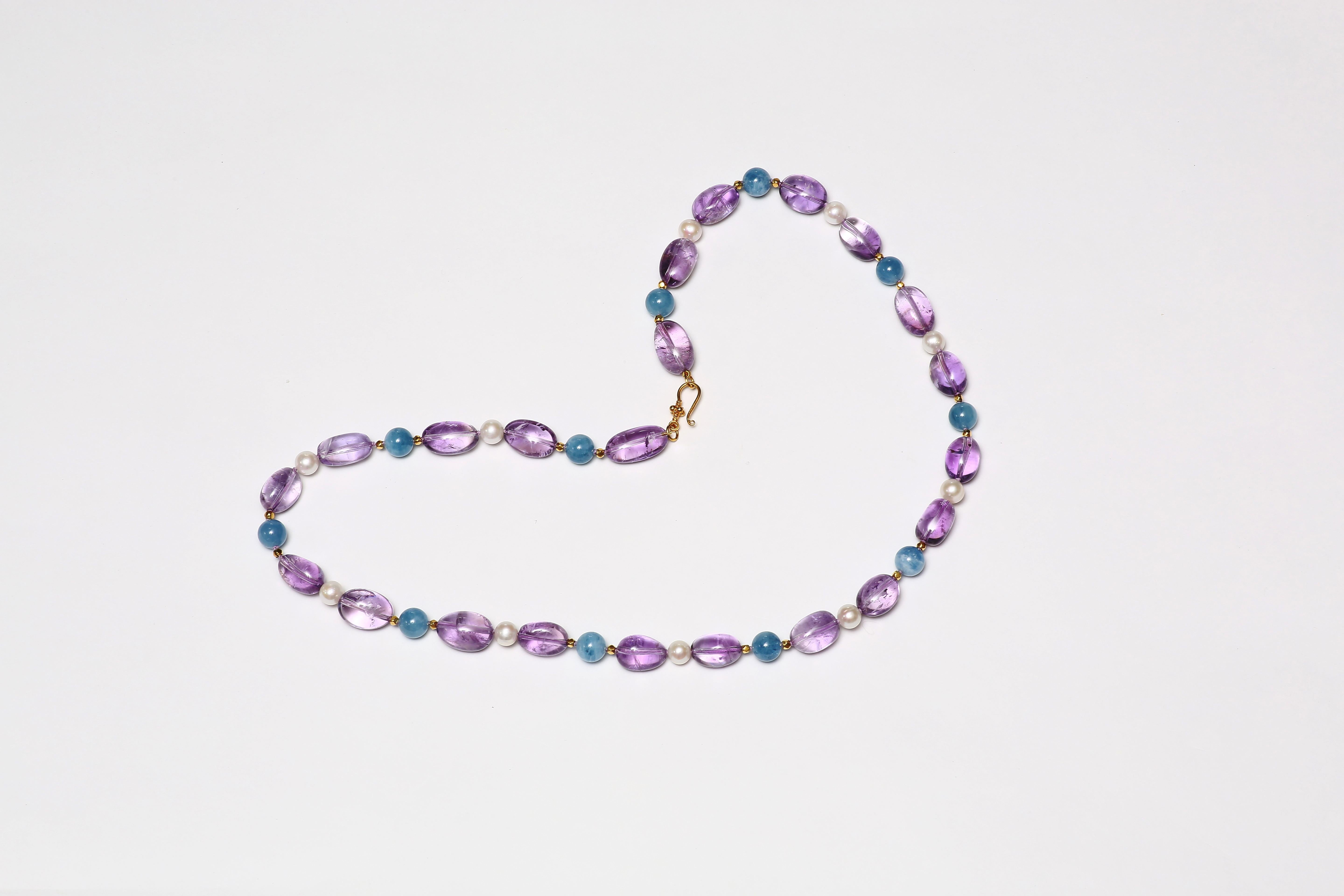 Women's Aquamarine, Amethyst and Freshwater Pearl Necklace For Sale