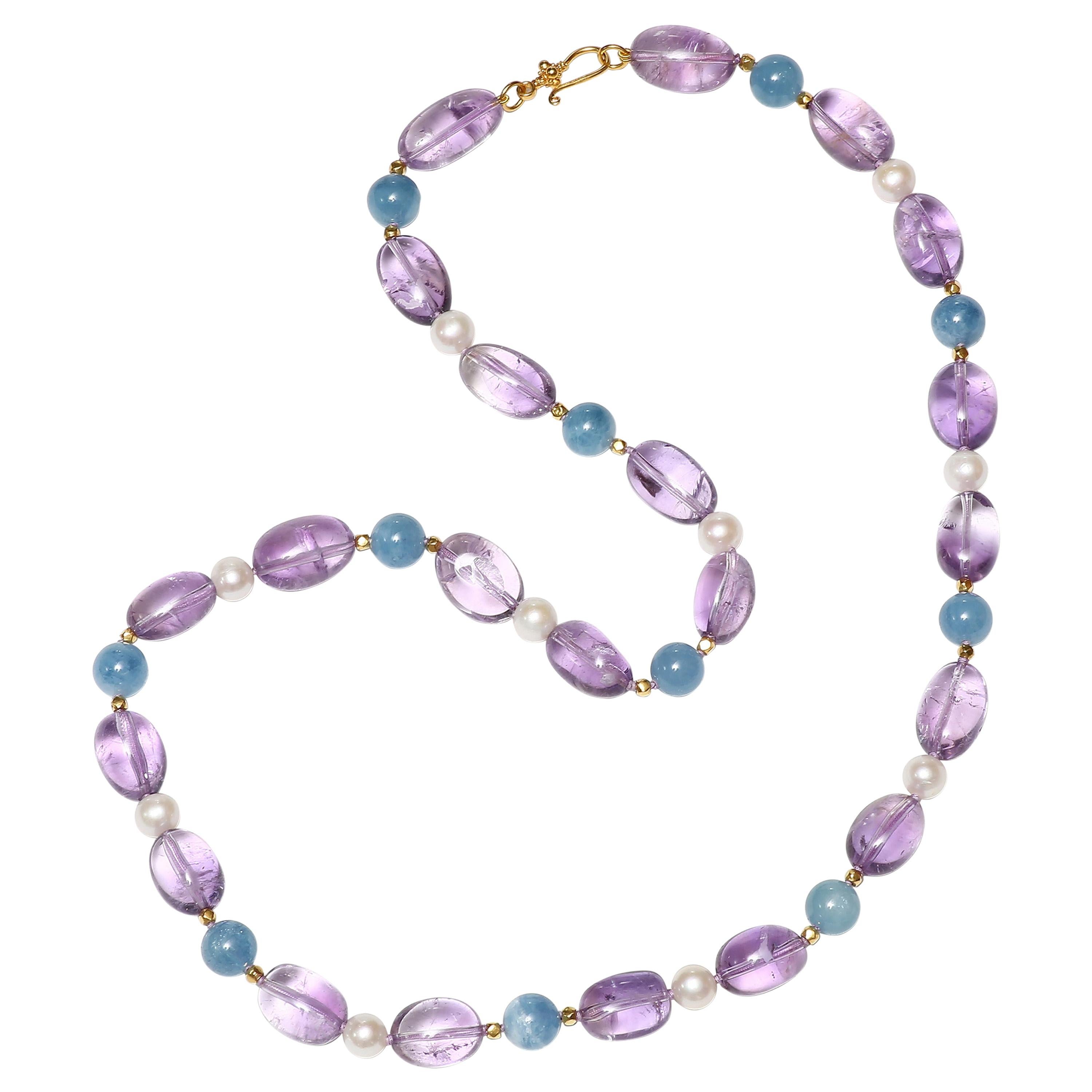 40" Sea Shell Pearl Multi-Gemstone Necklace – Aquamarine, Amethyst, Carnelian, Rose Quartz, Prehnite