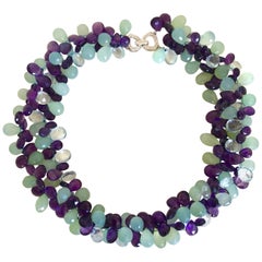 Aquamarine, Amethyst, Blue Topaz, Crystal Necklace, 18 Karat Gold Diamonds