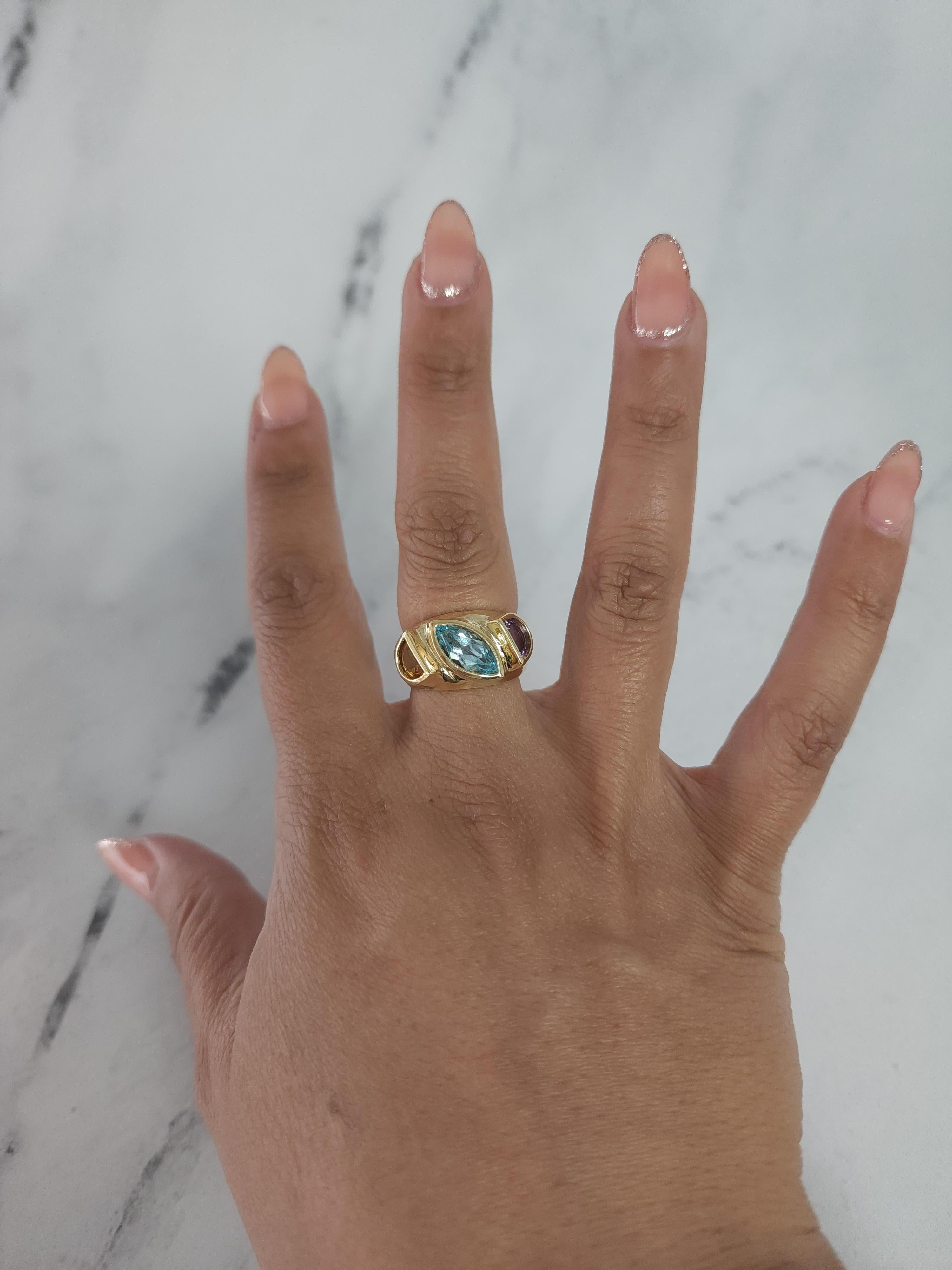 Marquise Cut Aquamarine, Amethyst & Citrine Multi-Stone Vintage Style Ring 14k Yellow Gold For Sale
