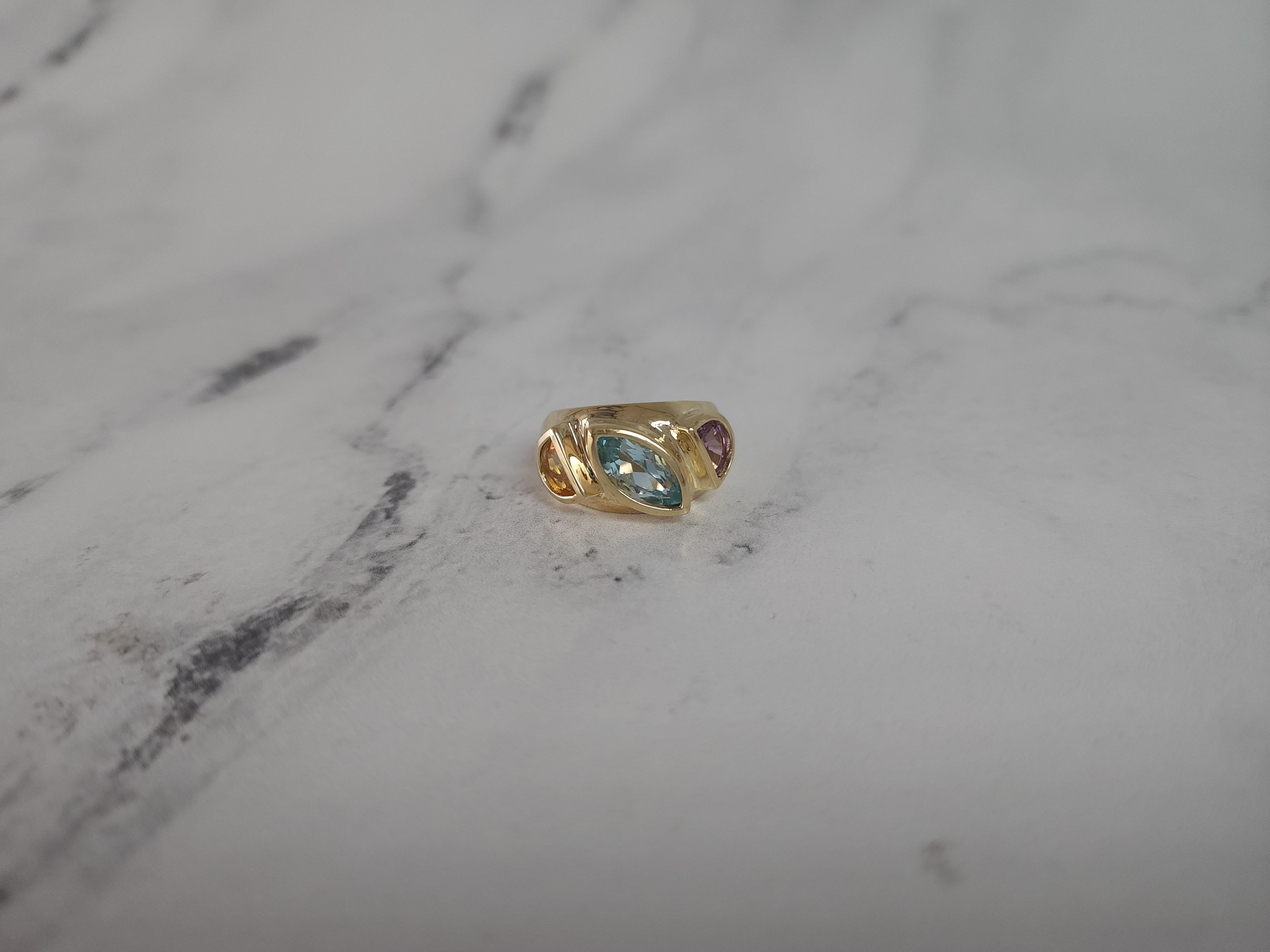Aquamarine, Amethyst & Citrine Multi-Stone Vintage Style Ring 14k Yellow Gold In New Condition For Sale In Sugar Land, TX