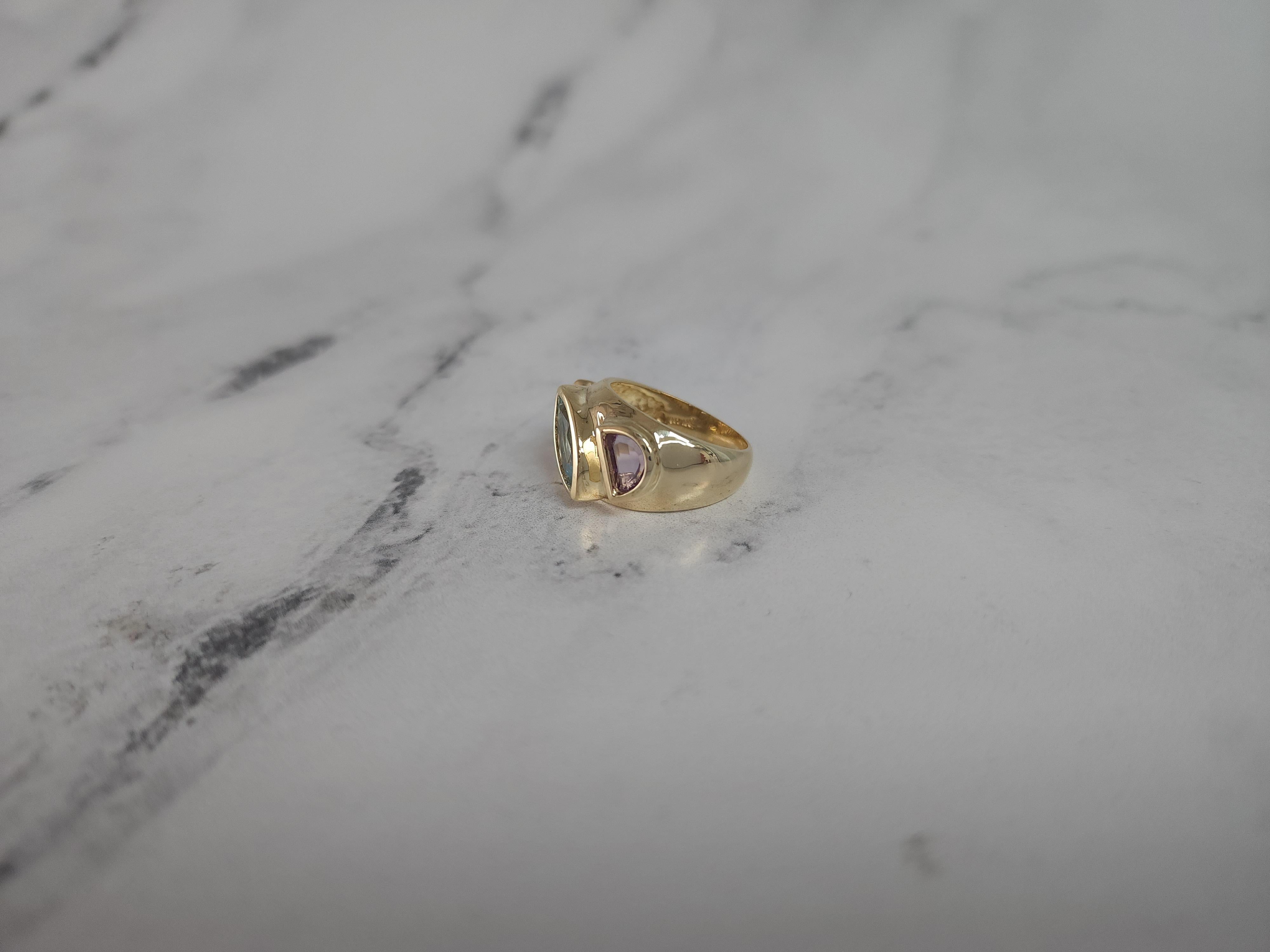Women's or Men's Aquamarine, Amethyst & Citrine Multi-Stone Vintage Style Ring 14k Yellow Gold For Sale