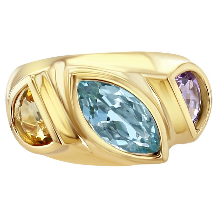 Aigue-marine, améthyste et citrine Bague de style vintage à pierres multiples Or jaune 14k