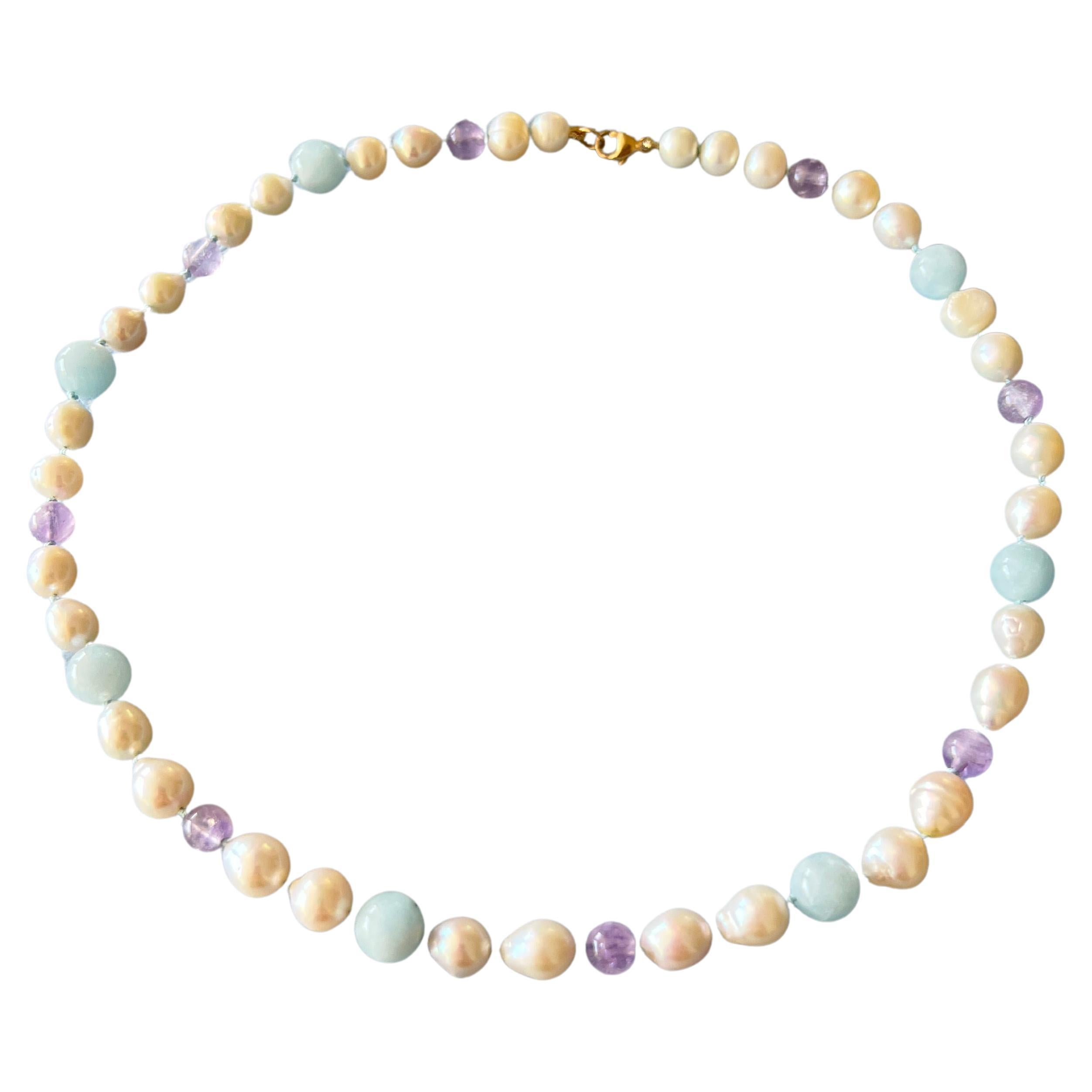 Romantic Aquamarine Amethyst Pearl Choker Bead Necklace Gold Filled J Dauphin For Sale