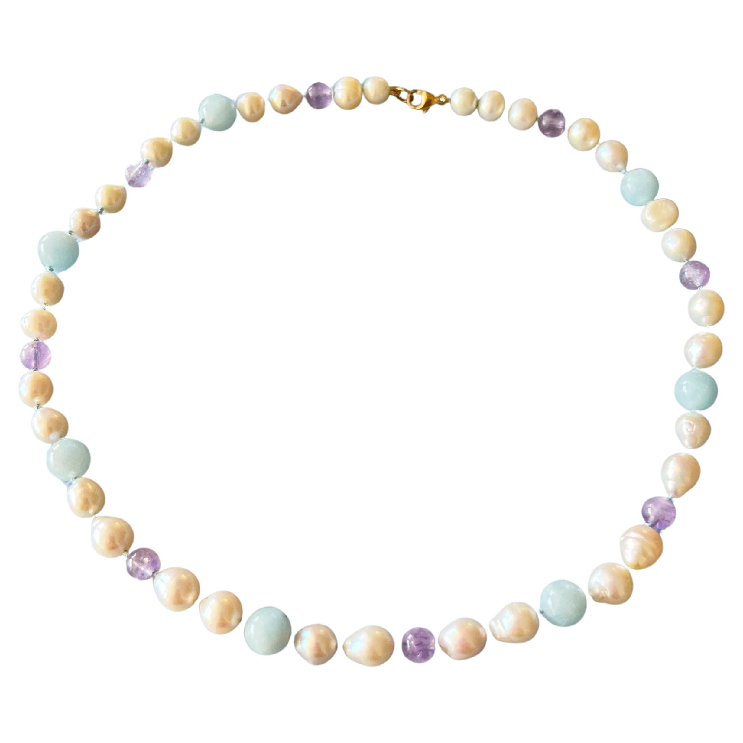 Round Cut Aquamarine Amethyst Pearl Choker Bead Necklace Gold Filled J Dauphin For Sale
