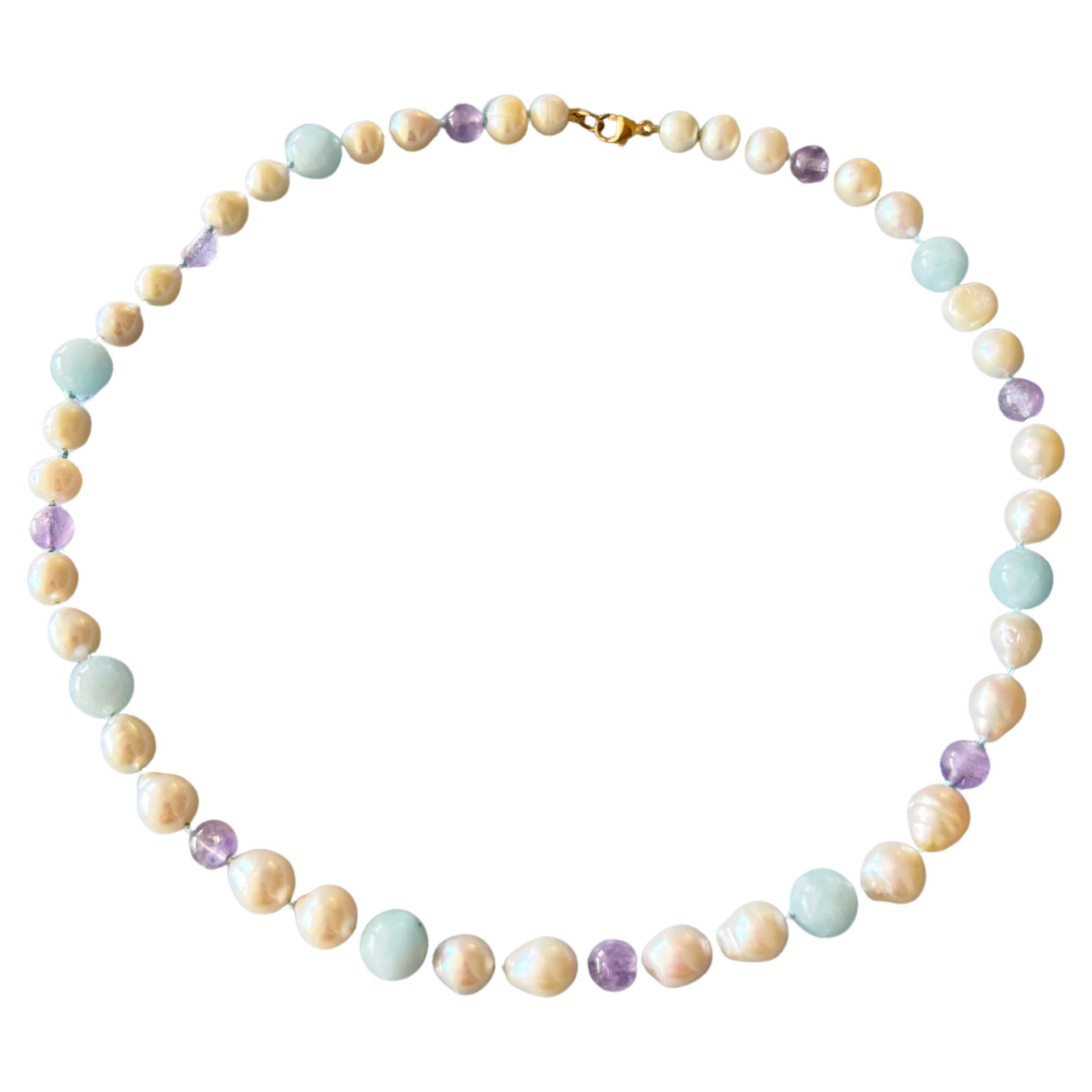 Aquamarine Amethyst Pearl Choker Bead Necklace Gold Filled J Dauphin In New Condition For Sale In Los Angeles, CA