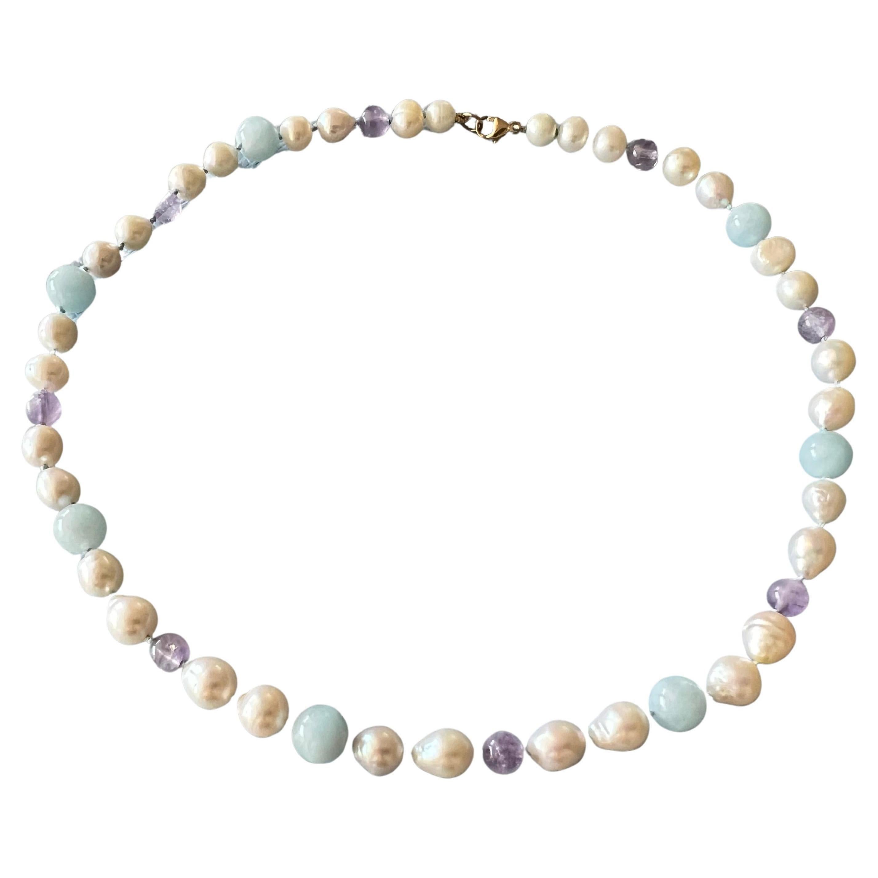 Aquamarine Amethyst Pearl Choker Bead Necklace Gold Filled J Dauphin For Sale