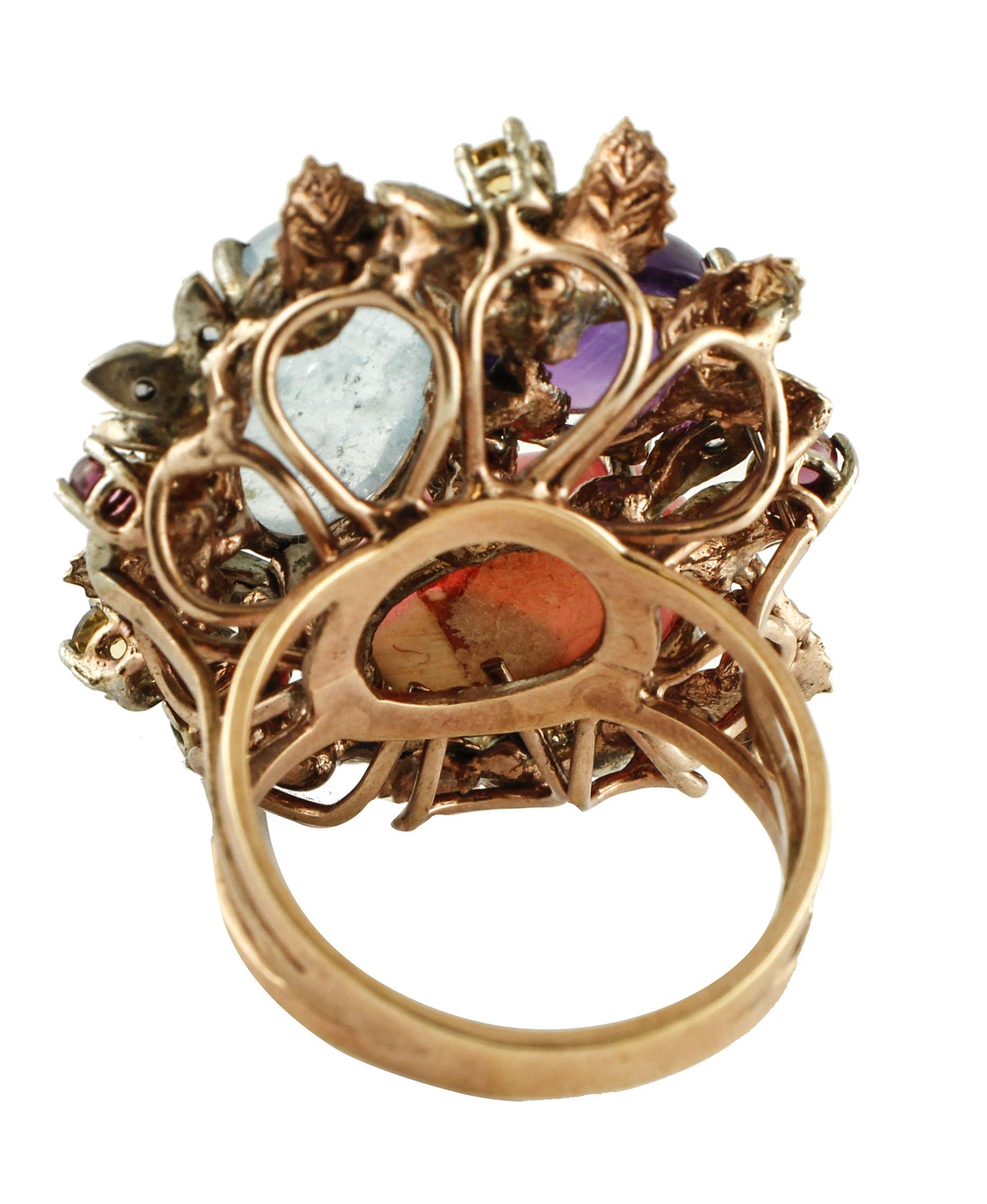Ring aus Roségold und Silber mit Aquamarin, Amethyst, rotem Chalcedon, gelbem Topas und Granat (Retro) im Angebot