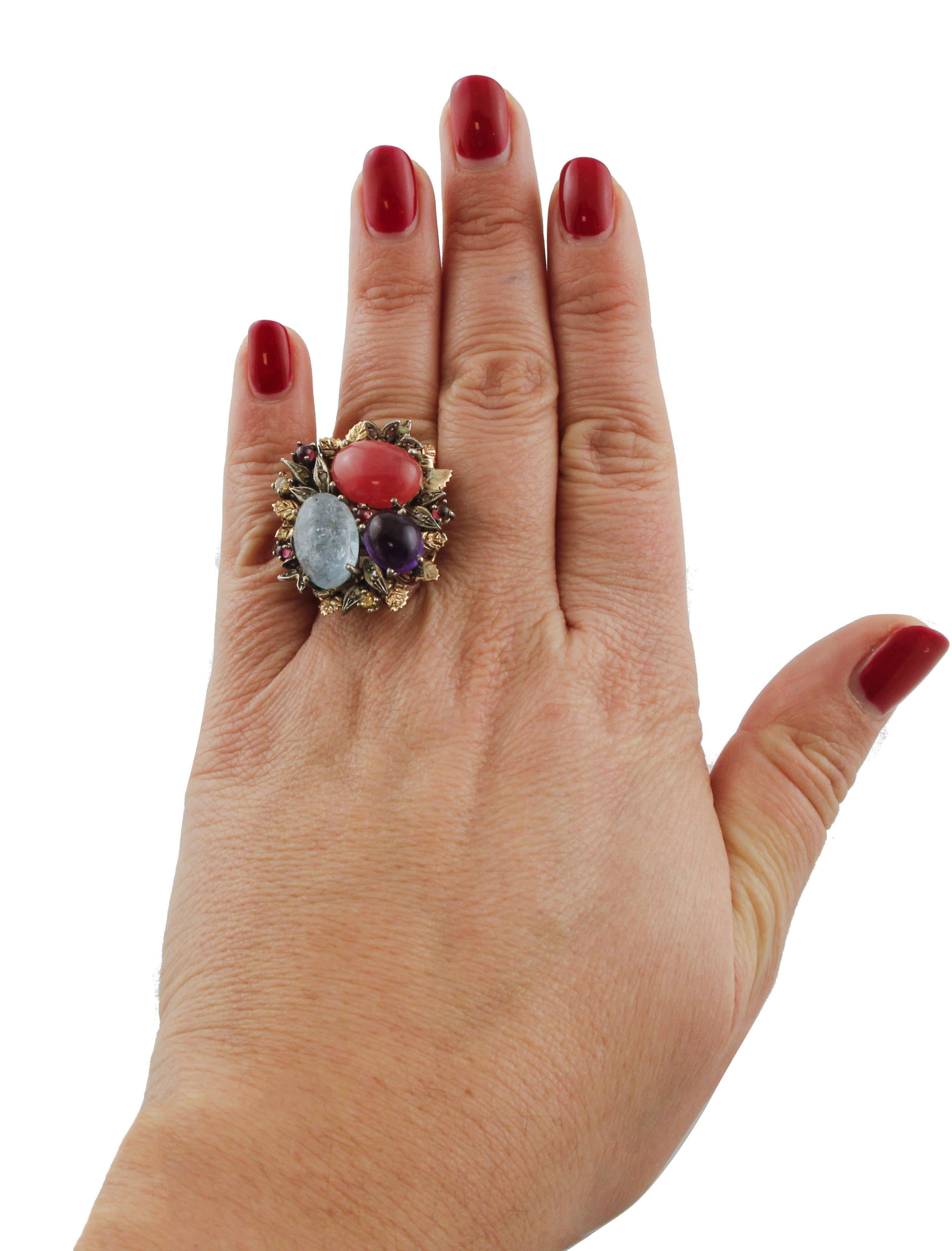 Retro Aquamarine Amethyst Red Chalcedony Yellow Topaz Garnet Rose Gold and Silver Ring For Sale
