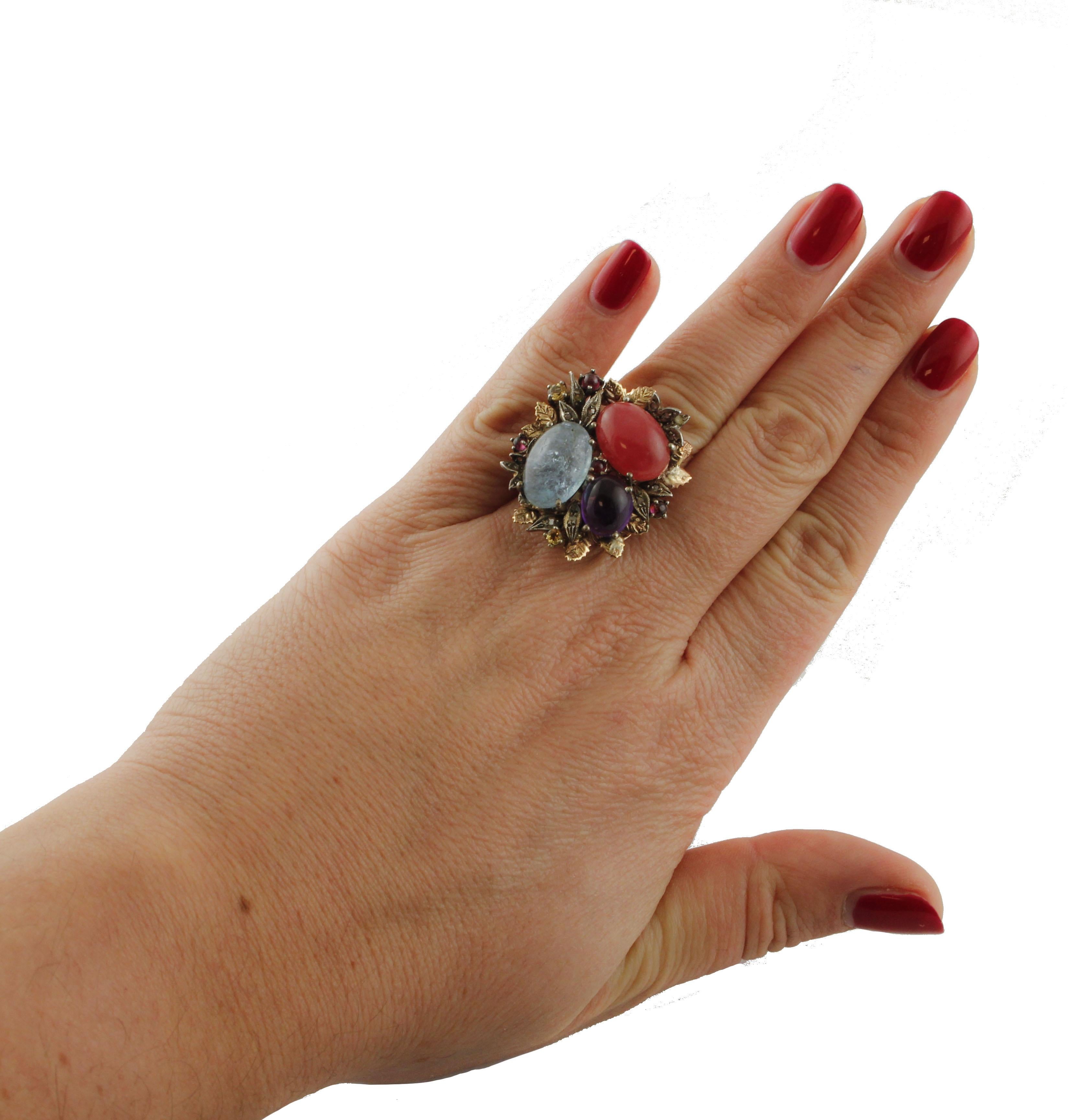 Retro Aquamarine Amethyst Red Chalcedony Yellow Topaz Garnet Rose Gold and Silver Ring For Sale