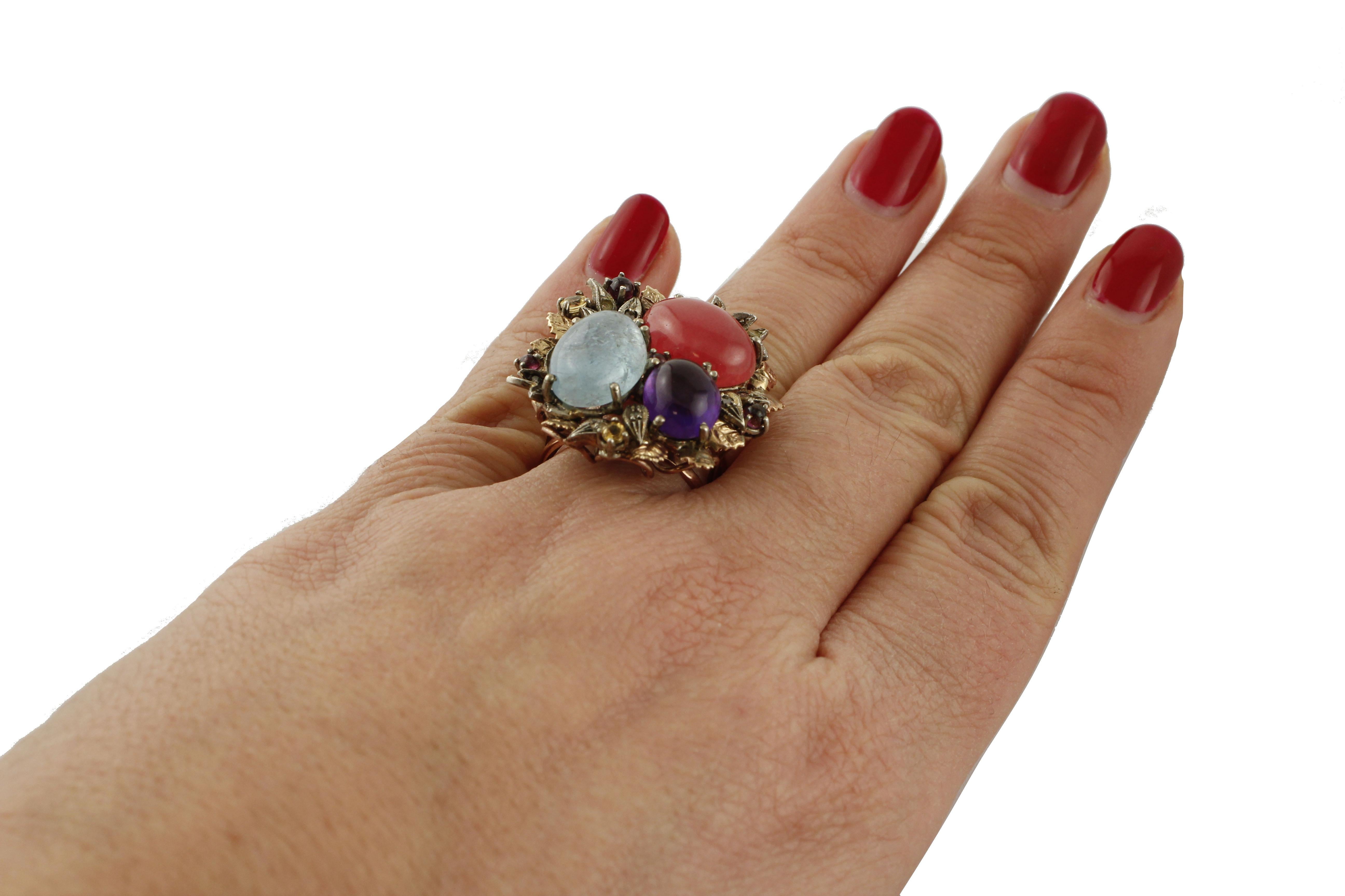 Mixed Cut Aquamarine Amethyst Red Chalcedony Yellow Topaz Garnet Rose Gold and Silver Ring For Sale