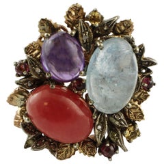 Vintage Aquamarine Amethyst Red Chalcedony Yellow Topaz Garnet Rose Gold and Silver Ring