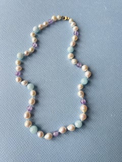 Aquamarine Amethyst White Pearl Necklace