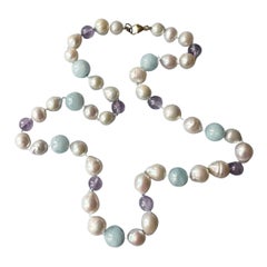 Aquamarine Amethyst White Pearl Necklace