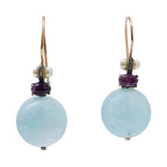 Aquamarine, Amethysts, Diamonds, Pearls, Rose Gold and Silver Earrings.