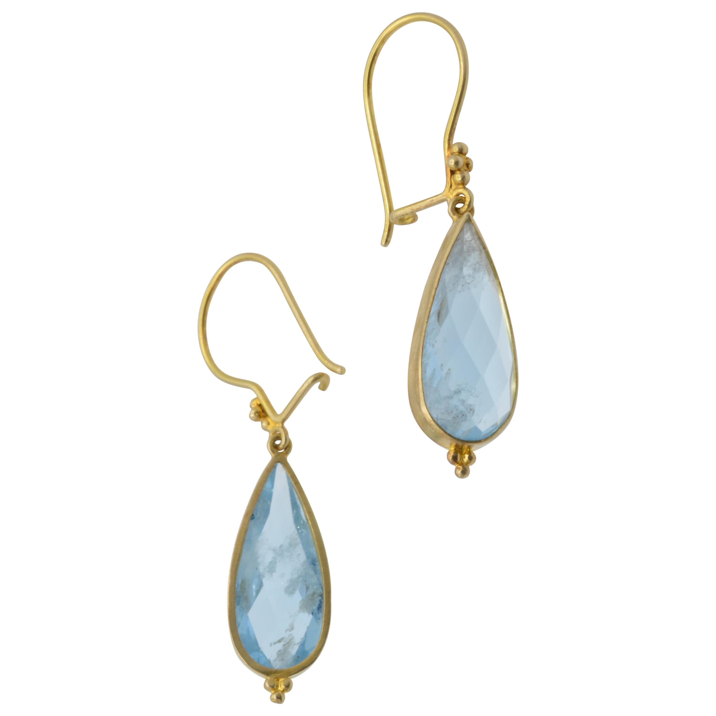 Aquamarine Pear shaped Rose cut and 18 Karat Yellow Gold Drop Earrings