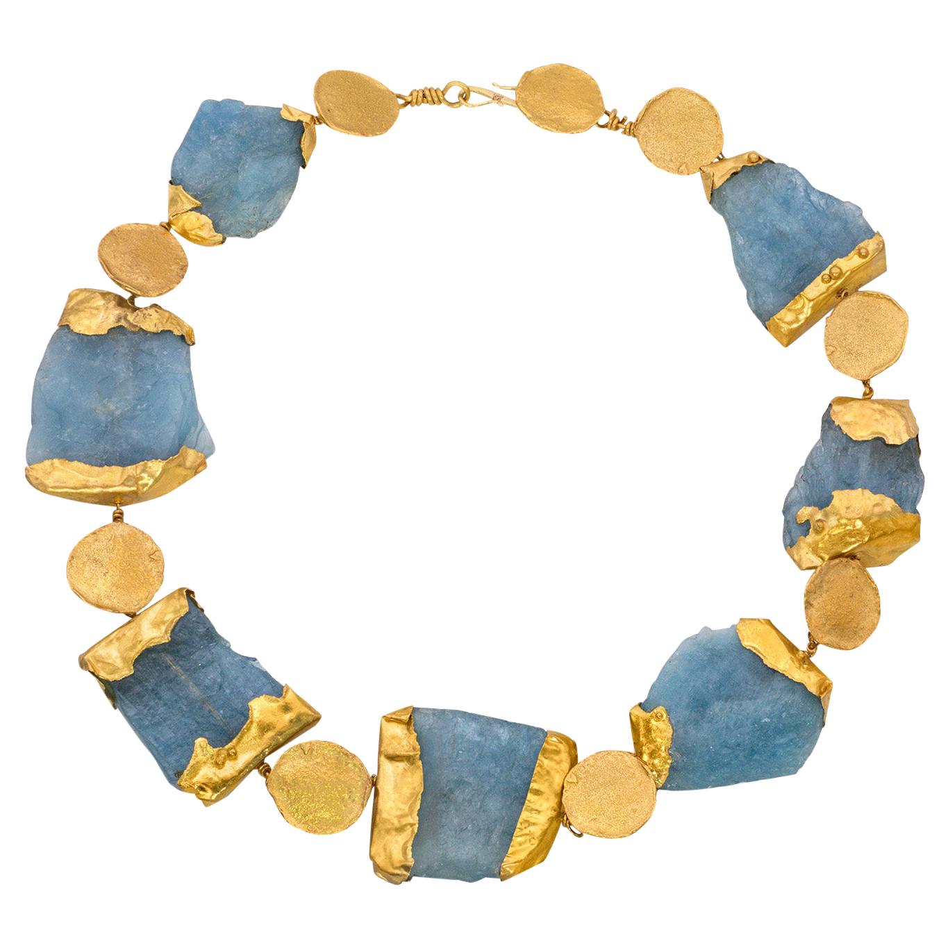 Aquamarine and 22k Gold Necklace For Sale