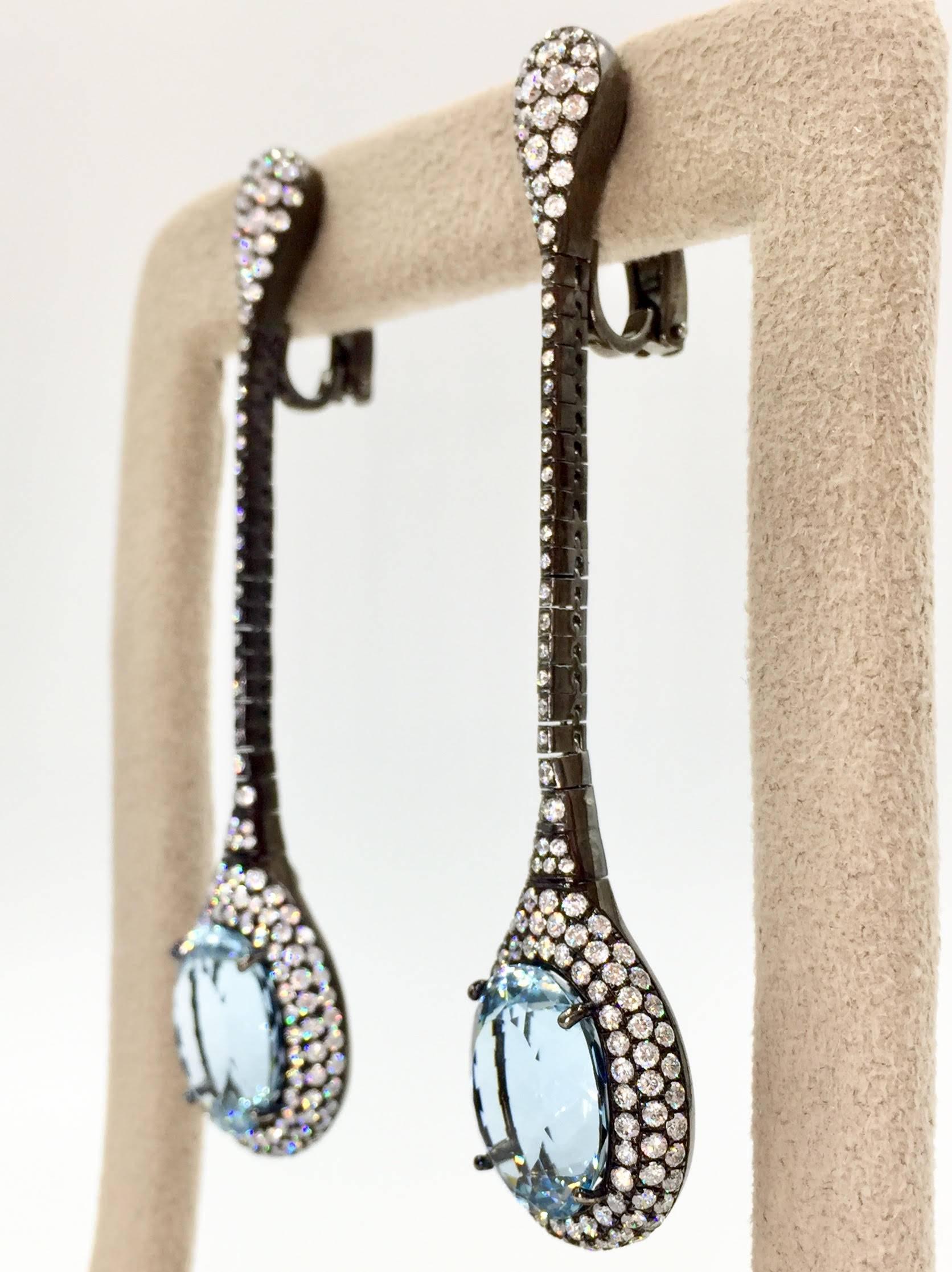 Aquamarine and 4.30 Carat  Diamond Long Drop 18 Karat Earrings In New Condition For Sale In Pikesville, MD
