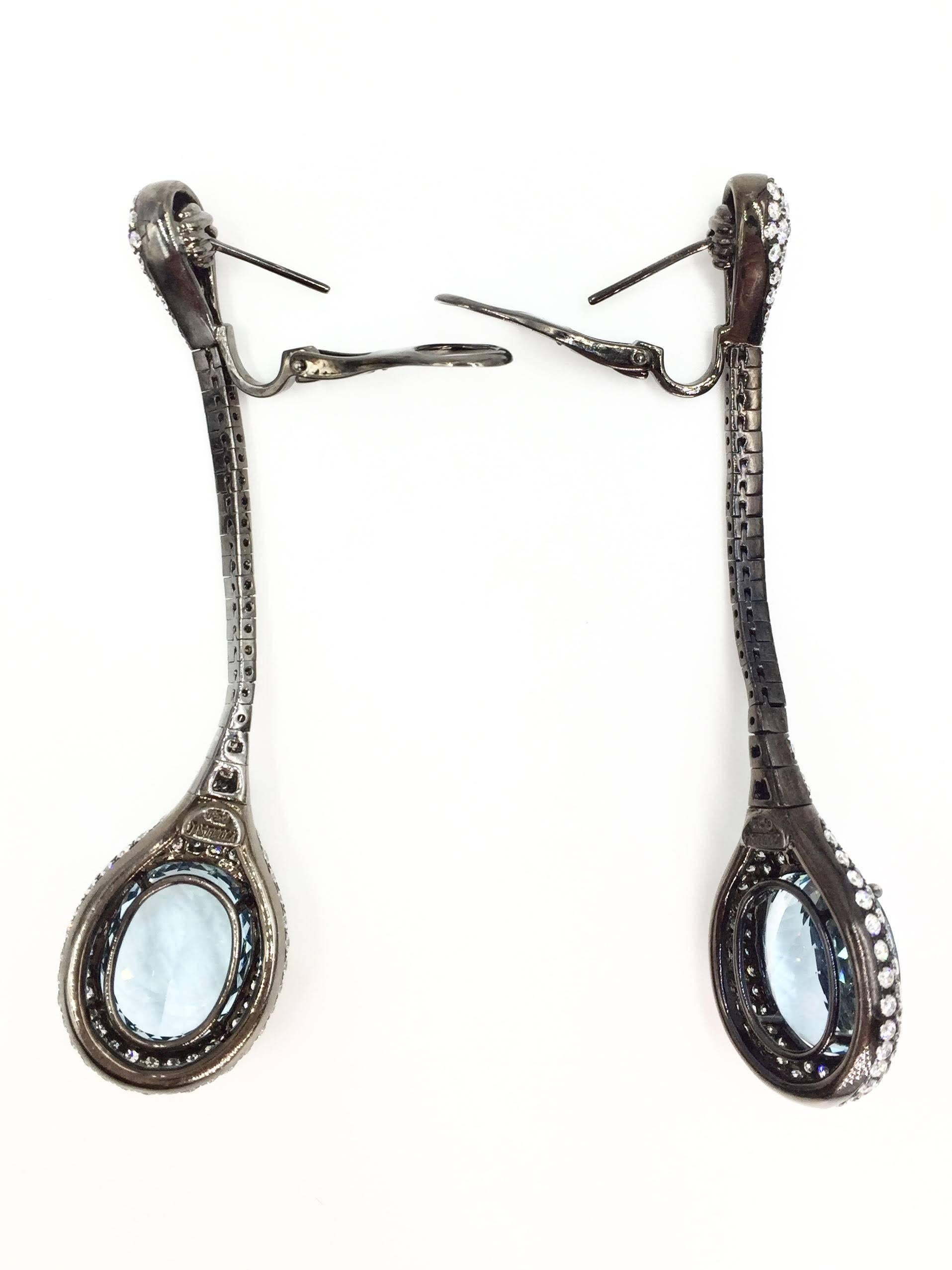 Oval Cut Aquamarine and 4.30 Carat  Diamond Long Drop 18 Karat Earrings For Sale